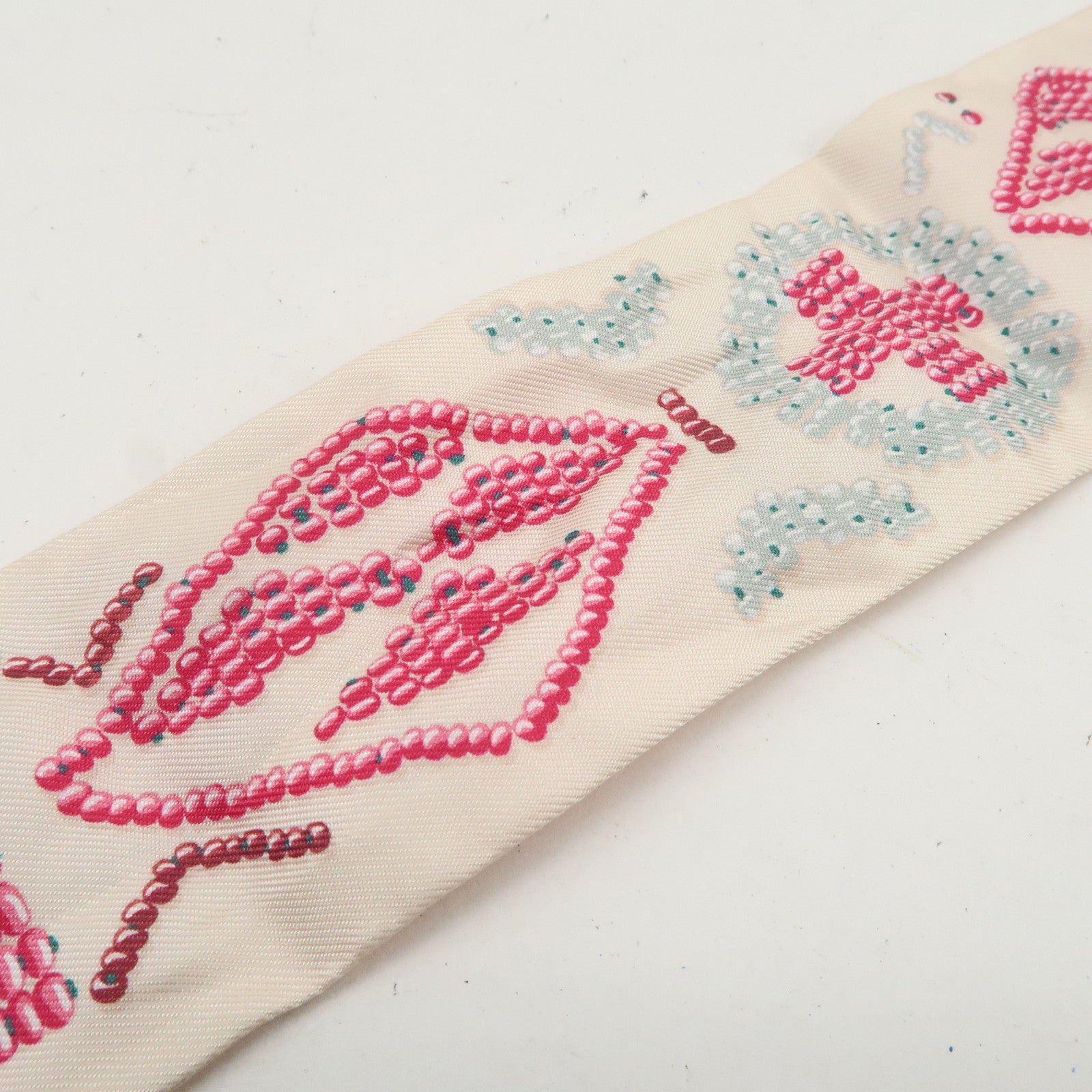 HERMES Twilly Silk 100% KELLY EN PERLES Scarf Ivory Pink