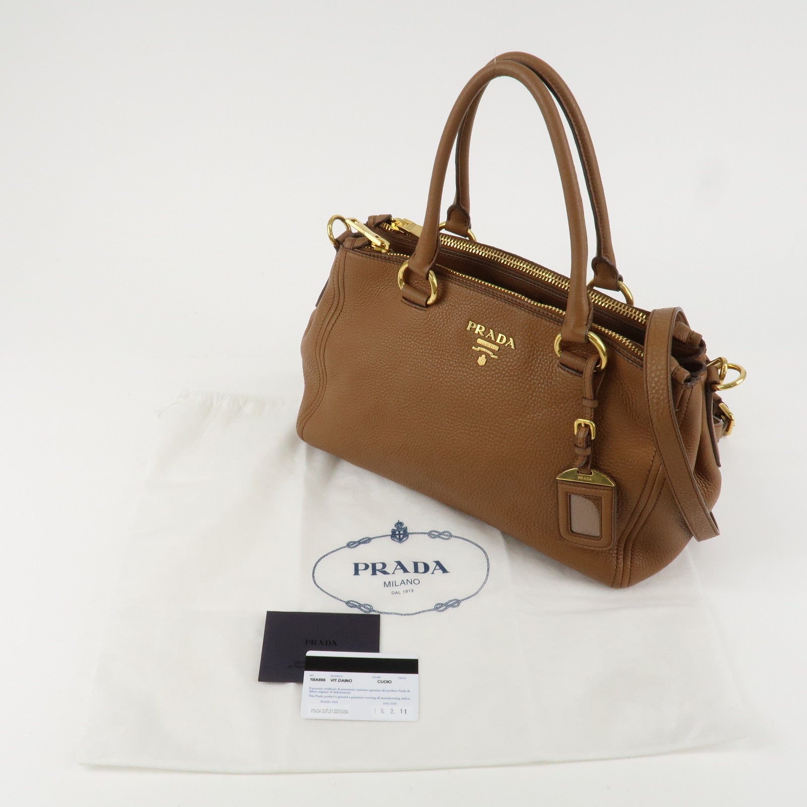 PRADA Logo VIT.DAINO Calf Leather 2Way Tote Bag Brown 1BA866 Used