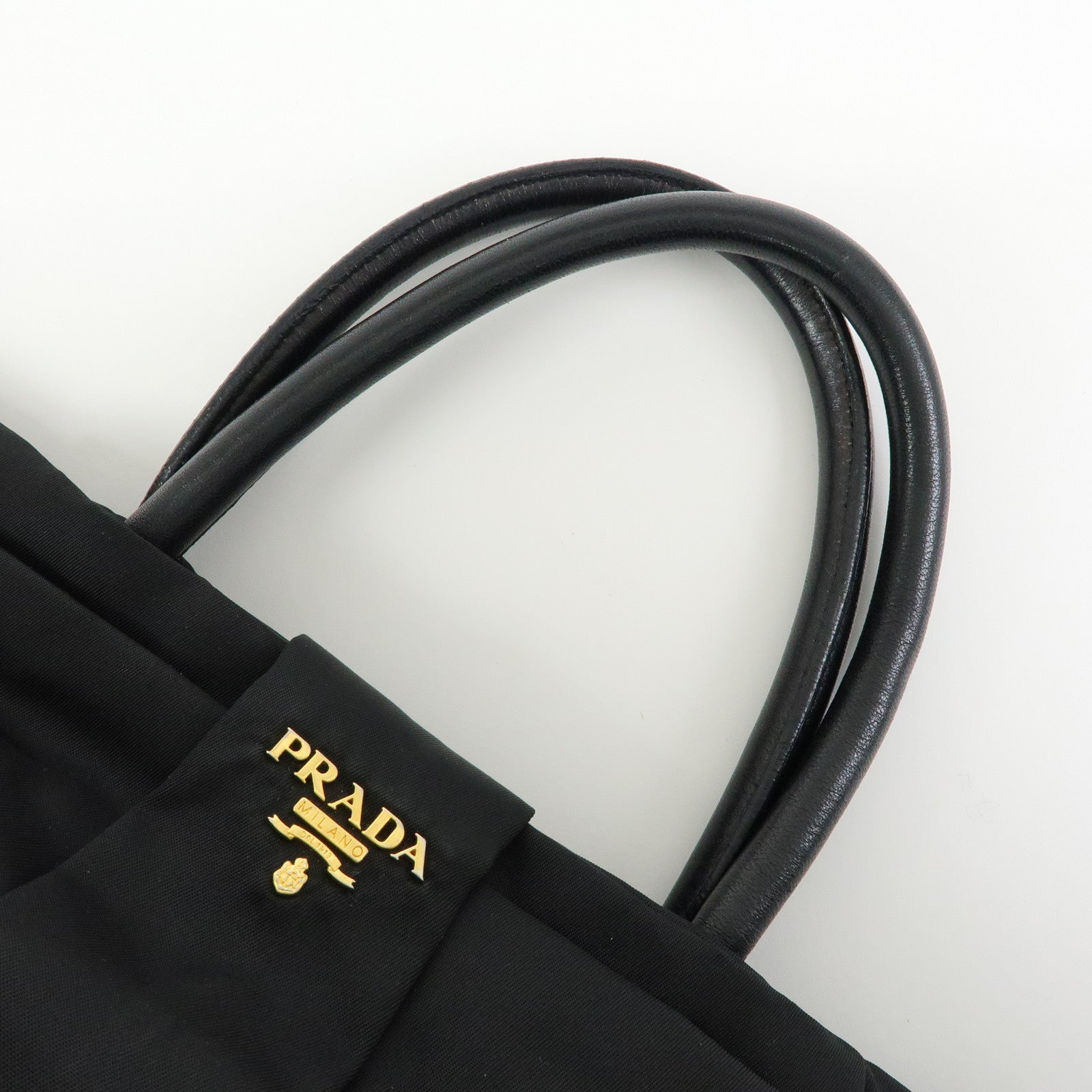 PRADA Nylon Leather Ribbon Hand Bag Tote Bag Black BN1601