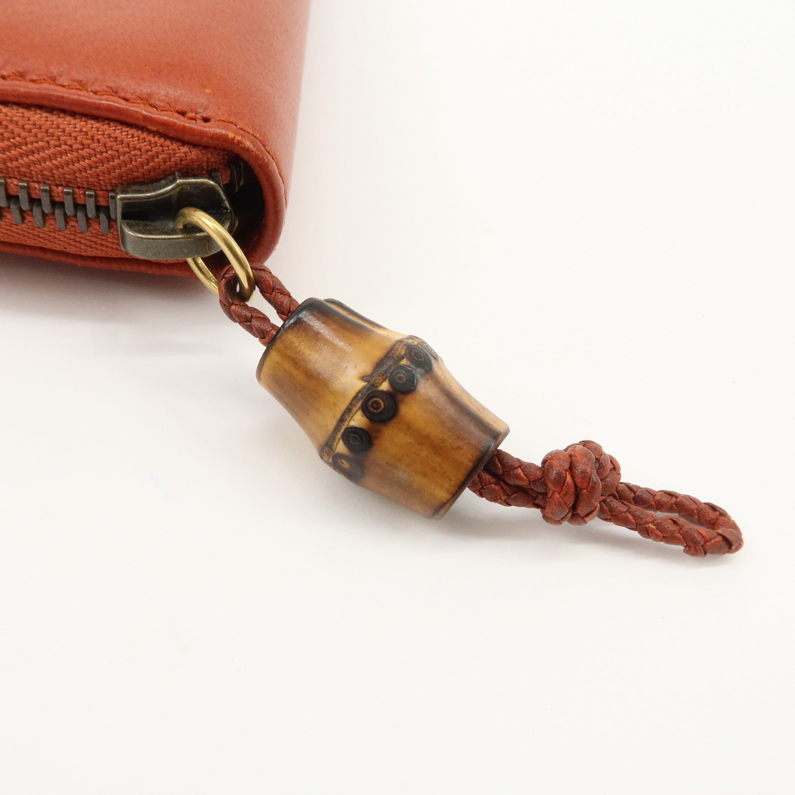GUCCI Bamboo Leather Long Round Zippy Wallet Orange 339178 Used