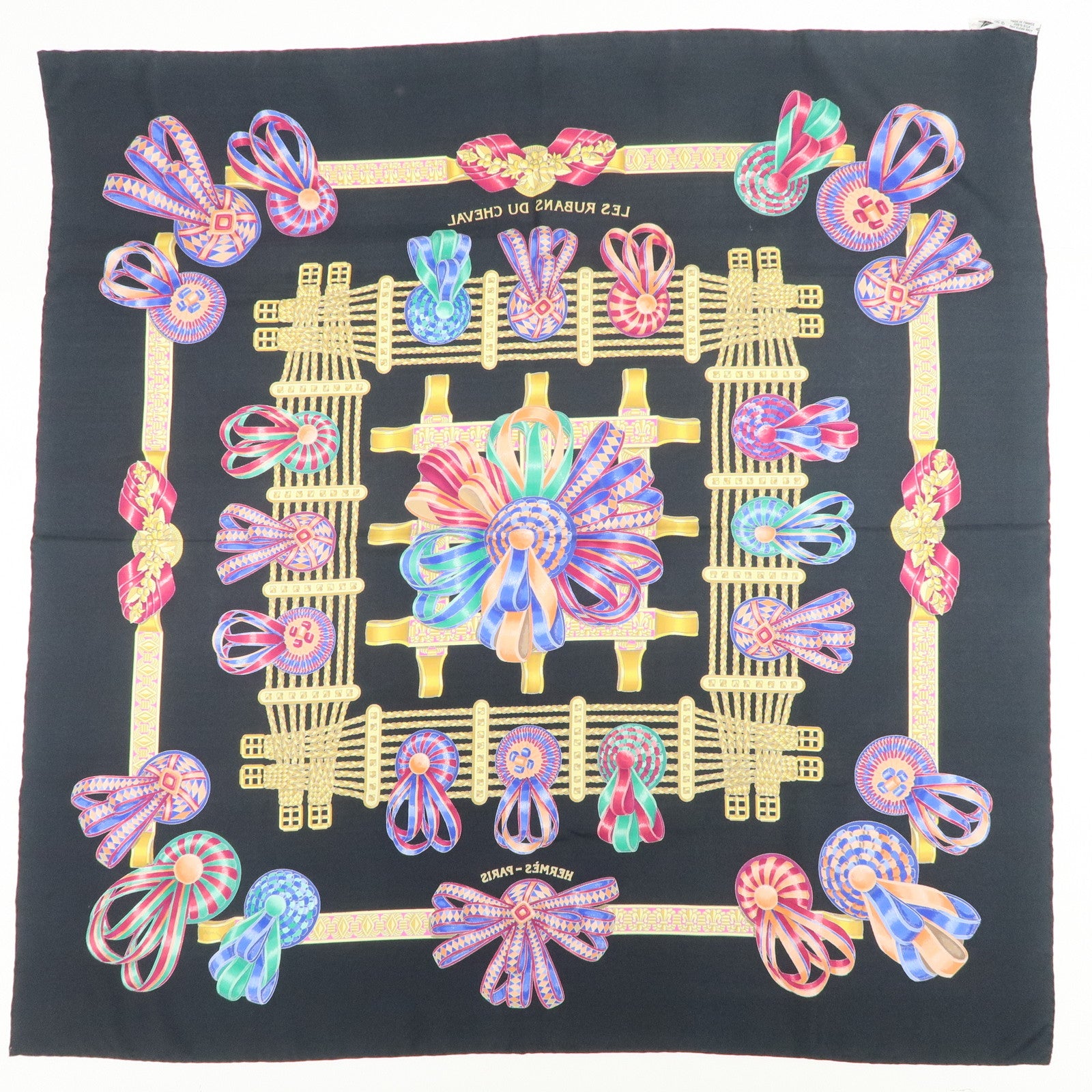 HERMES Carre 90 Silk 100% LES RUBANS DU CHEVAL Scarf Black