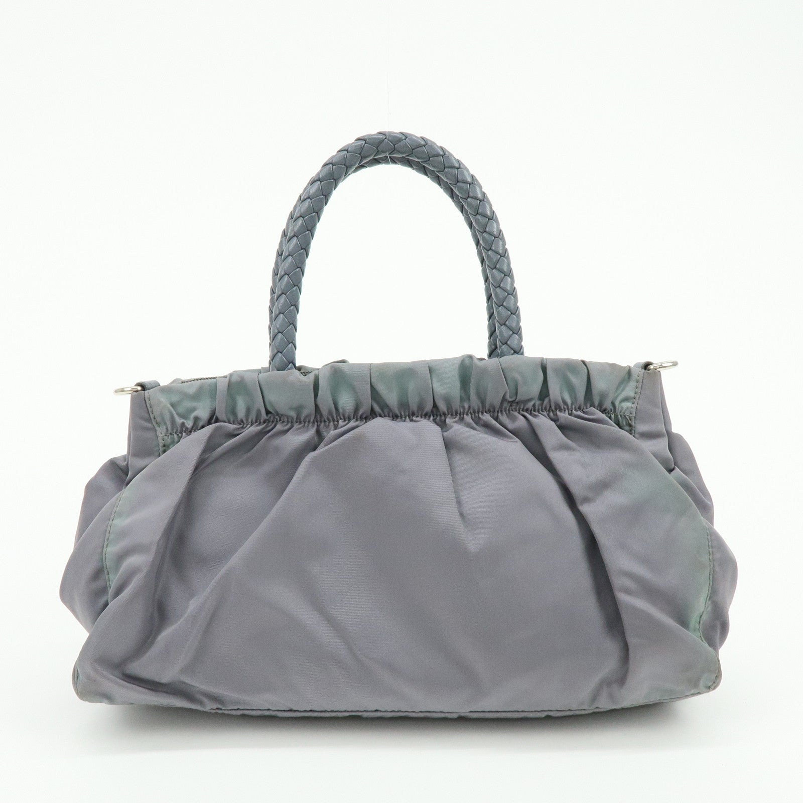 PRADA Nylon Leather 2Way Gathered Ribbon Hand Shoulder Bag Gray