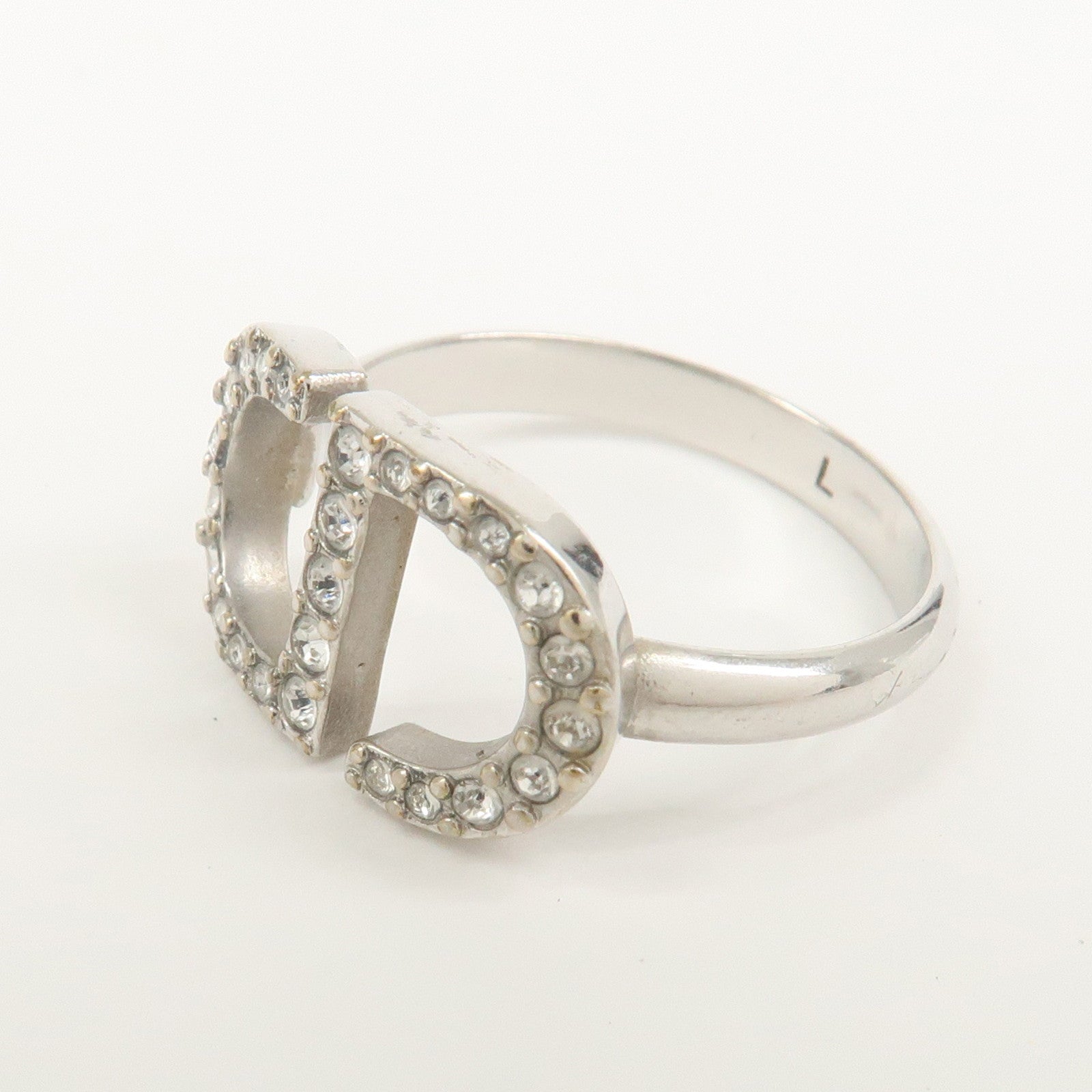 Christian Dior CD Logo Metal Rhinestone Ring Silver