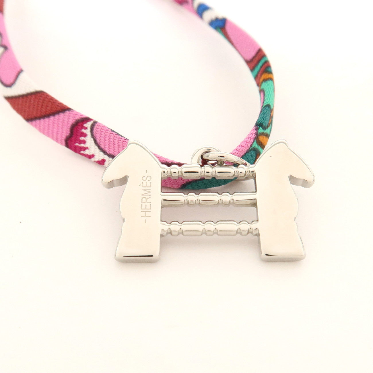 HERMES Tourbillon Stainless Steel Silk Necklace Choker Silver Pink