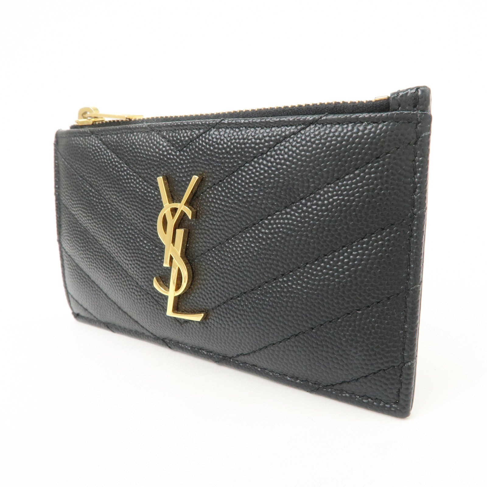 SAINT LAURENT Leather Card Case Black Gold Hardware