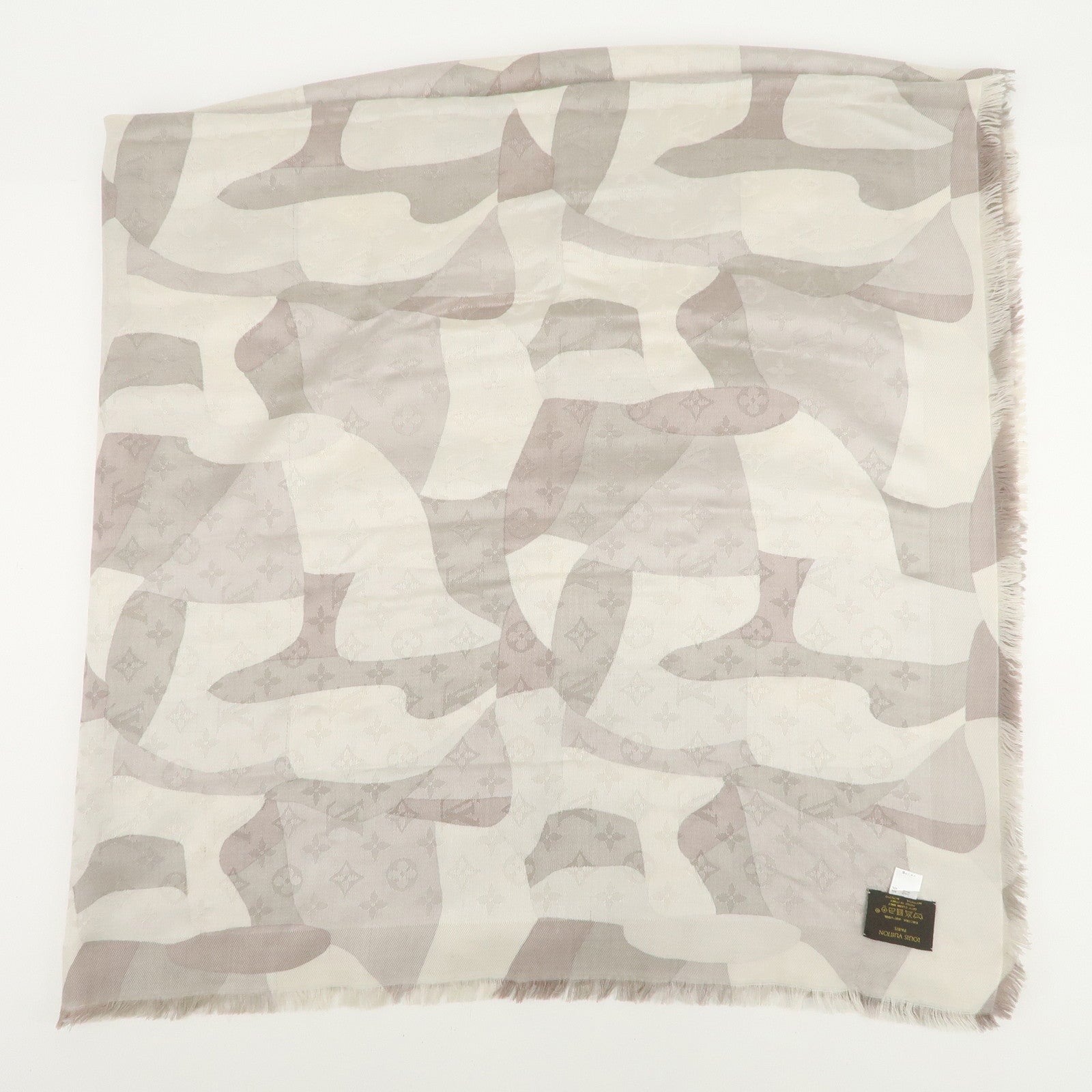 Louis Vuitton Monogram Silk Wool Shawl Scarf Camouflage Gray M75397