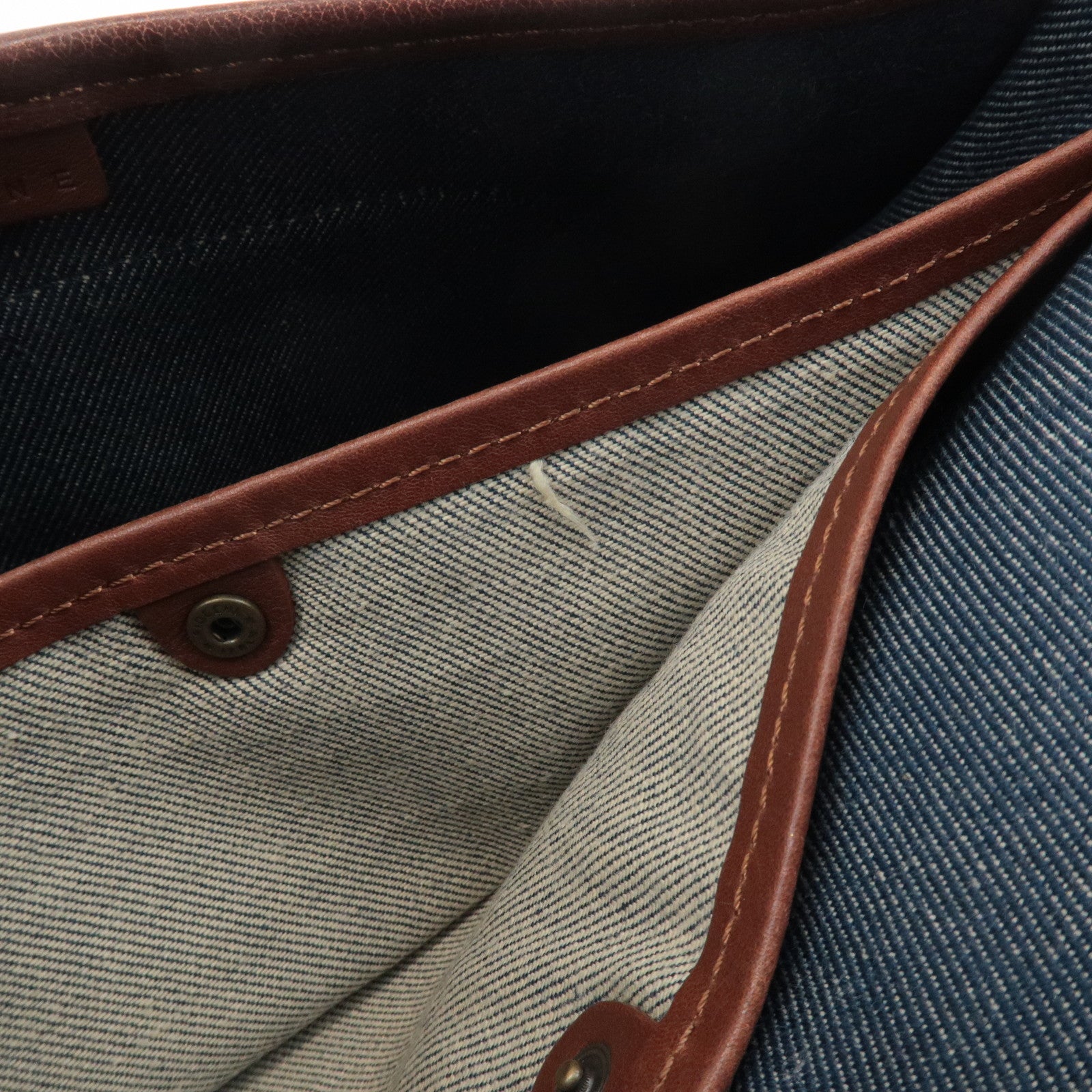 CELINE Macadam Denim Canvas Leather Shoulder Bag Blue Brown Used