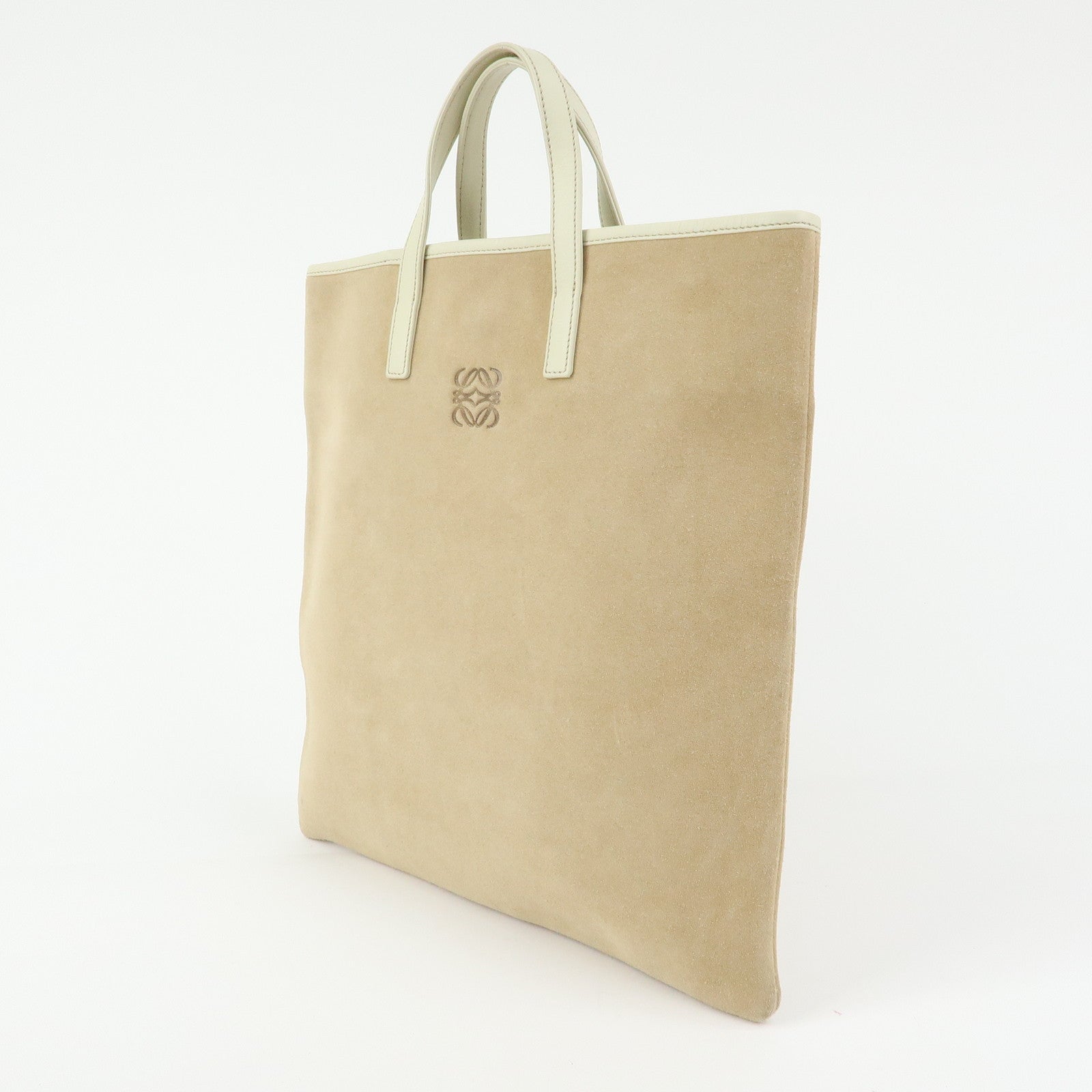 LOEWE Anagram Suede Leather Tote Bag Hand Bag Beige White