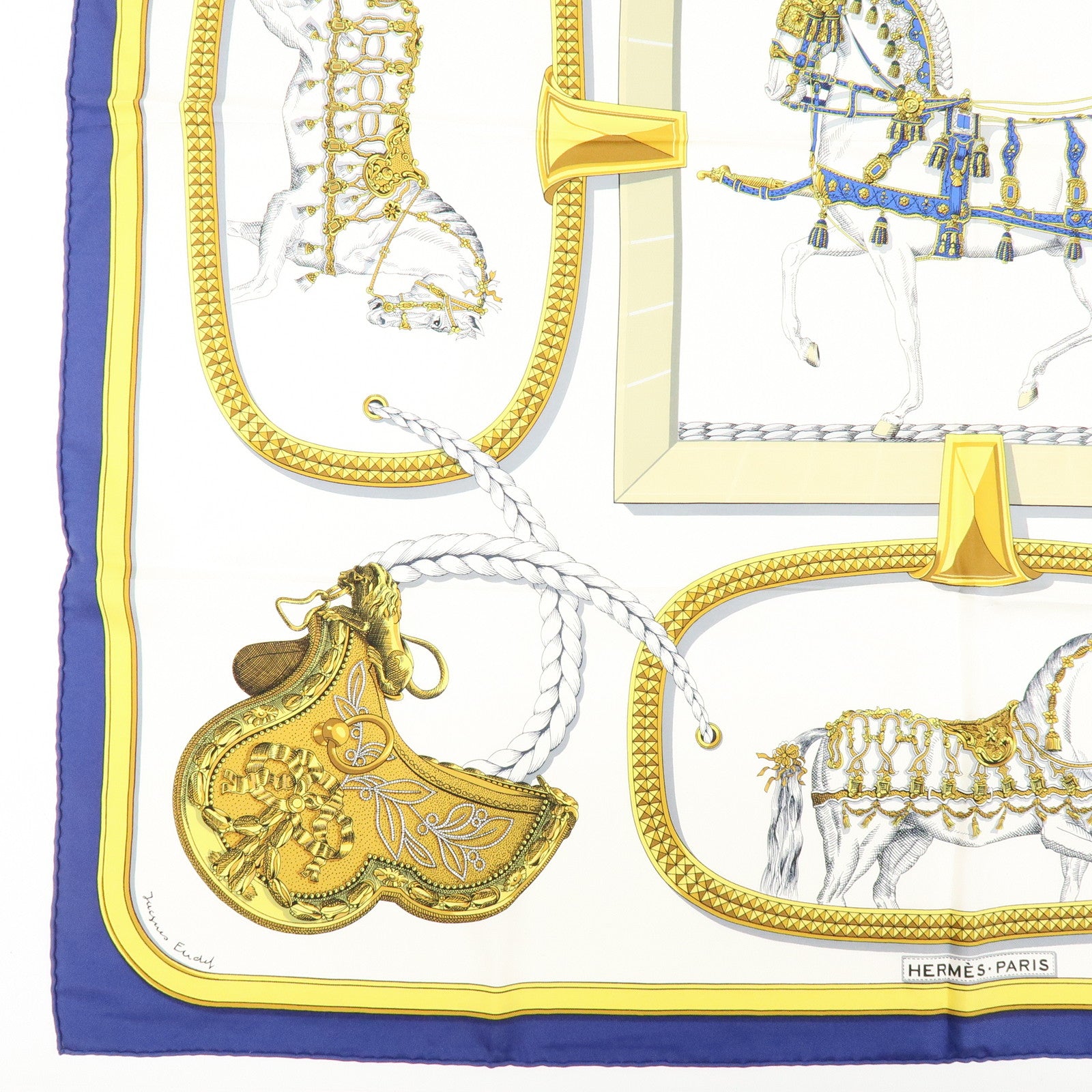 HERMES Carre 90 Silk 100% Scarf GRAND APPARAT Navy White Gold