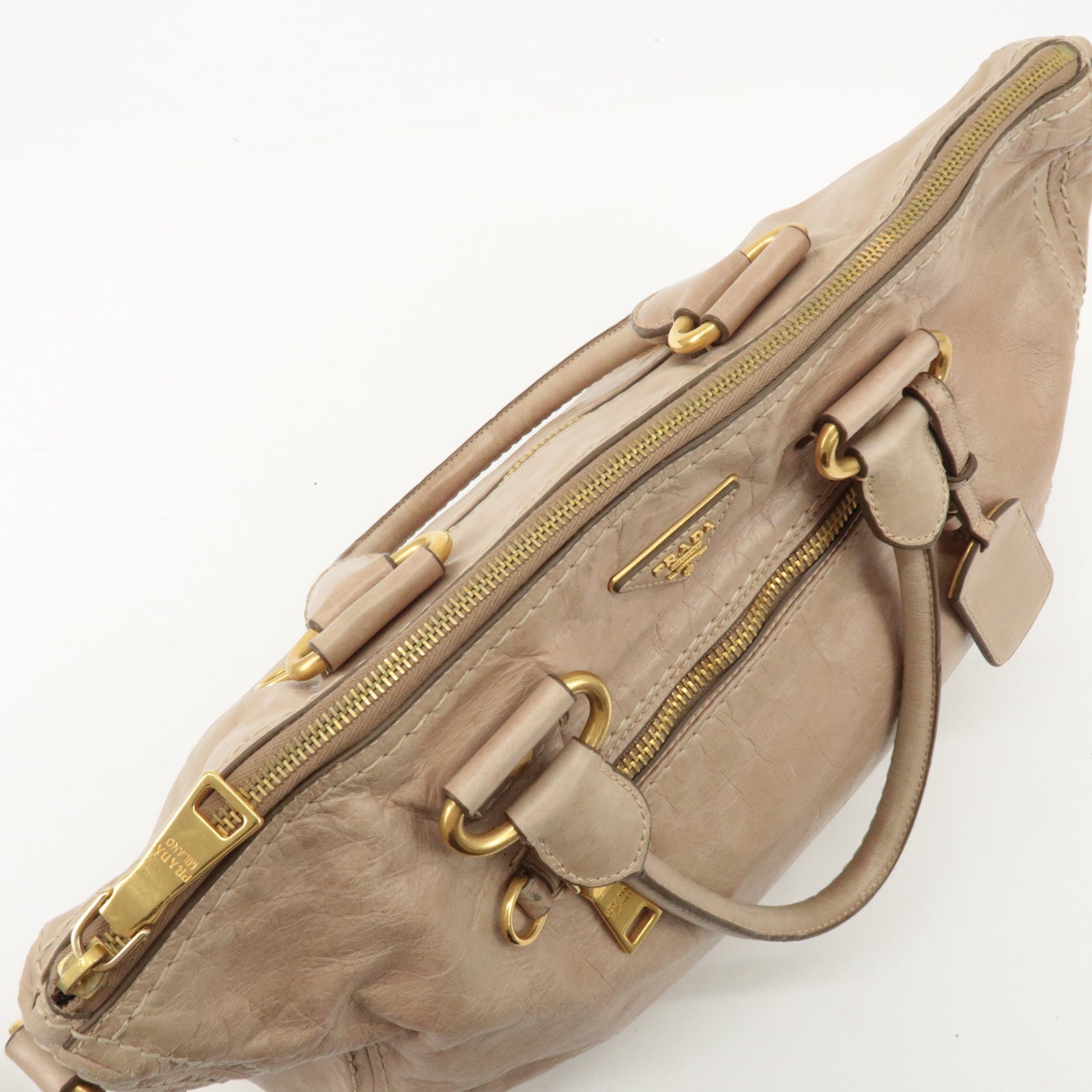 PRADA Triangle Logo Leather 2Way Bag Tote Bag Shoulder Bag Beige Used