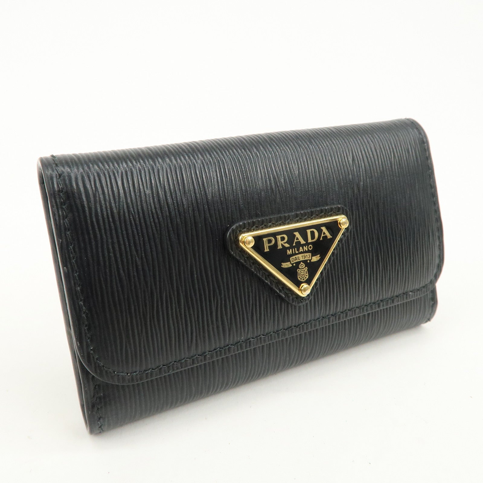 PRADA Triangle Logo Leather 6 Key Case Key Holder Black 1PG222