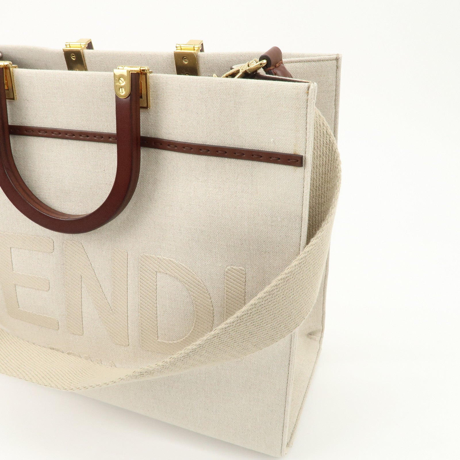 FENDI Leather Canvas Sunshine Medium Tote Bag Natural 8BH386