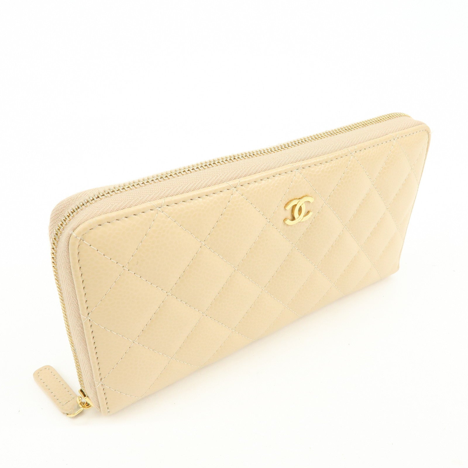 CHANEL Matelasse COCO Mark Caviarskin Zipppy Long Wallet Beige