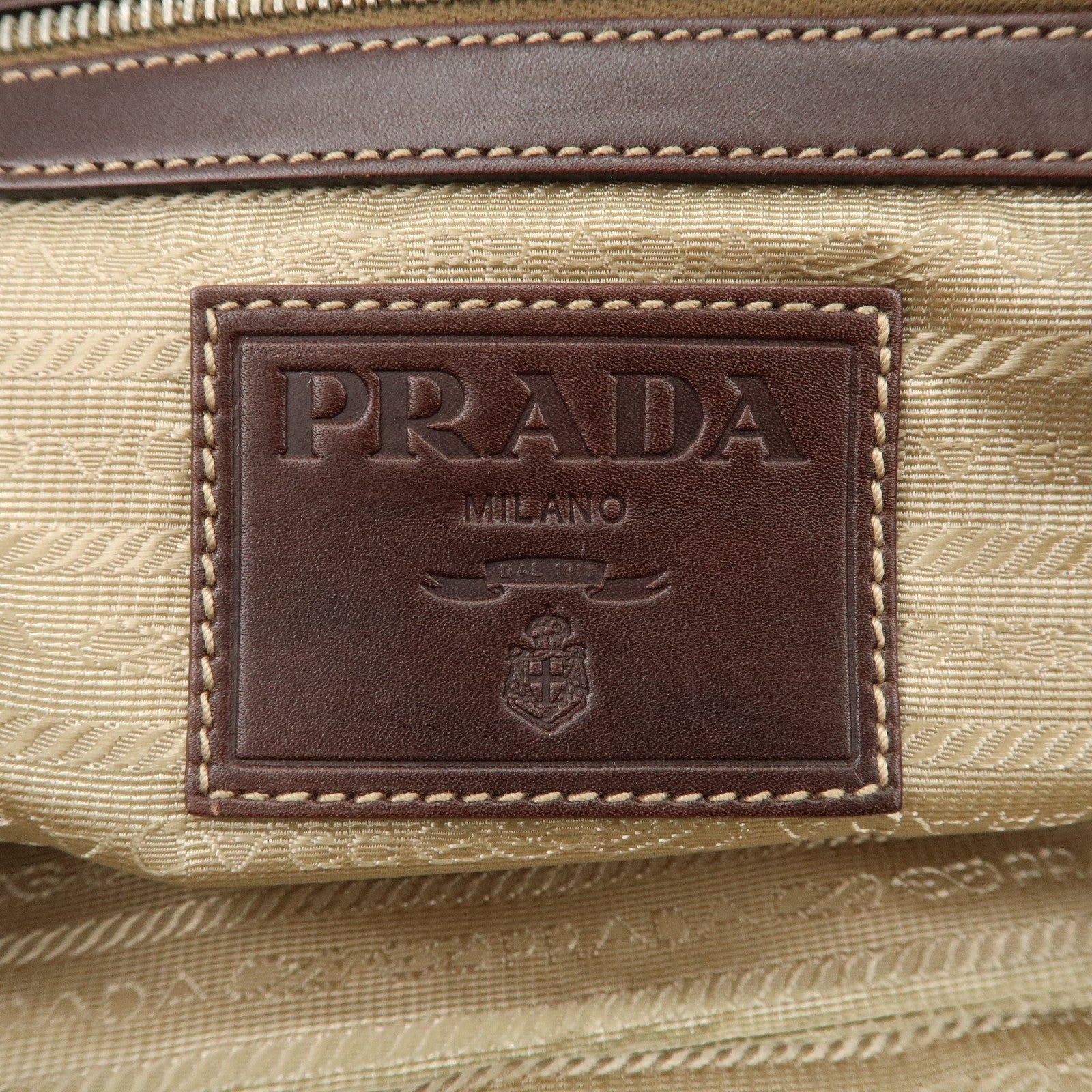 PRADA Logo Jacquard Leather Boston Bag Shoulder Bag Beige BL0260 Used