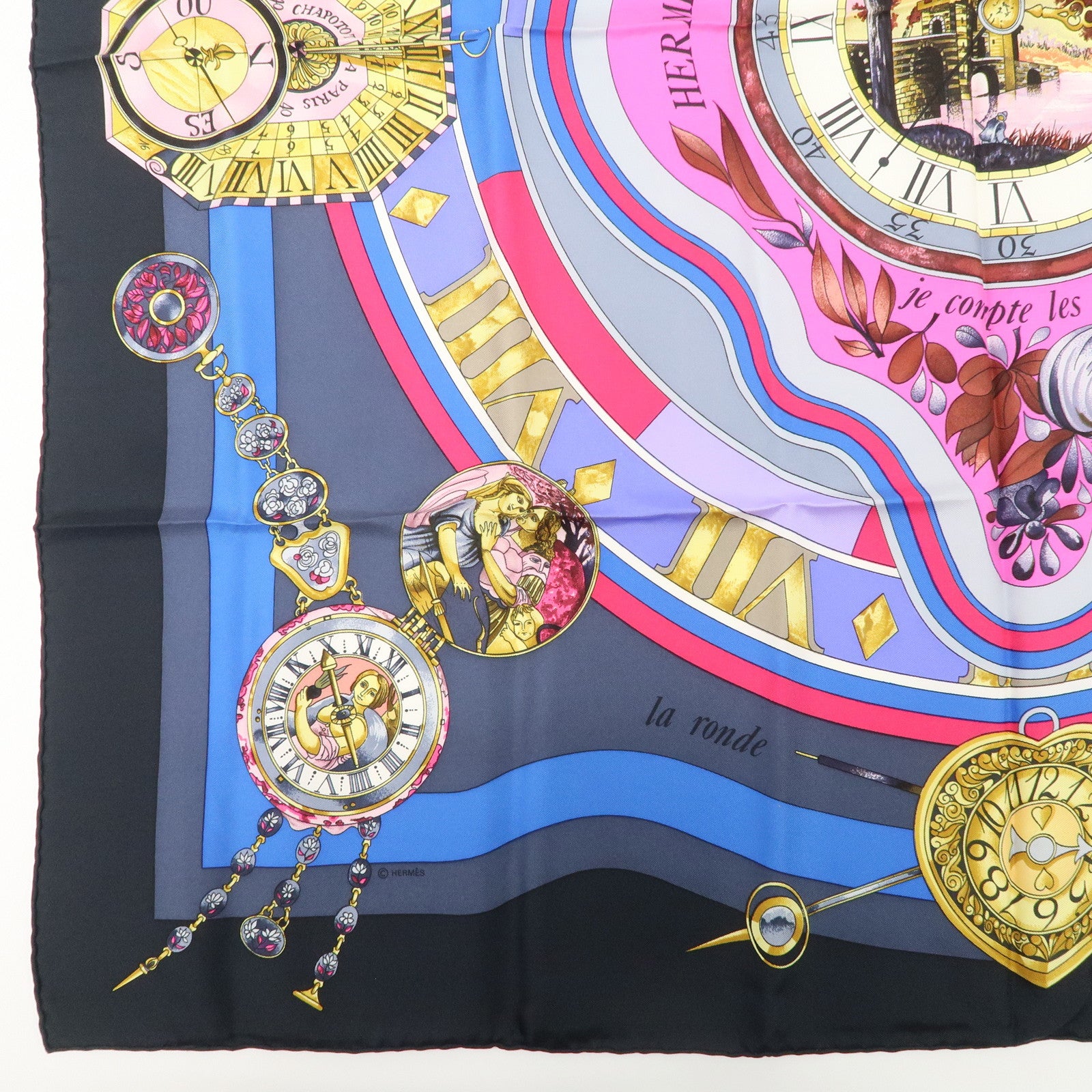 HERMES Carre 90 Silk 100% Scarf Parmi les fleurs je compte les heures Black