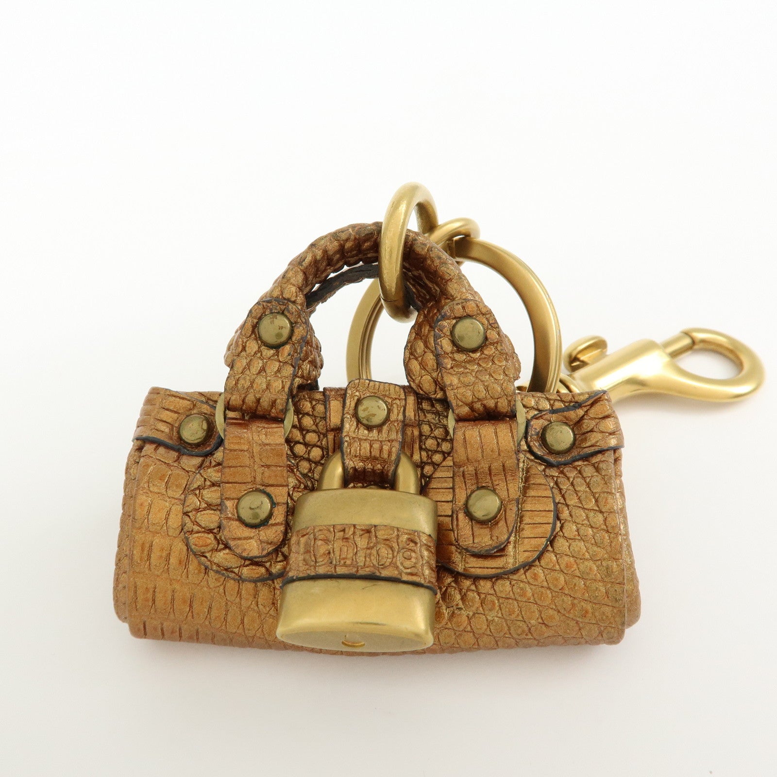 Chloe Paddington Embossed Leather Bag Charm Metallic Brown