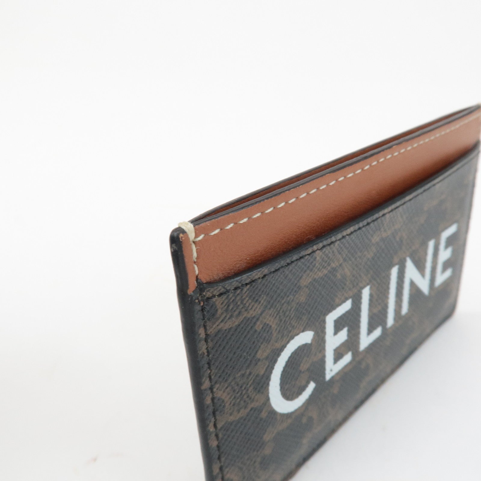 CELINE Leather Canvas Triomphe Card Case Black Brown 10B702CLY