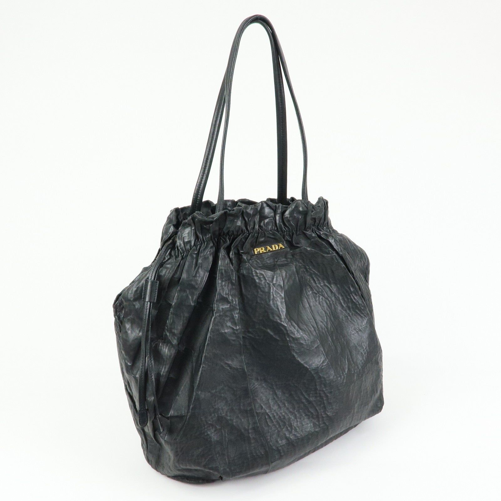 PRADA Leather Drawstring Shoulder Bag Hand Bag Black