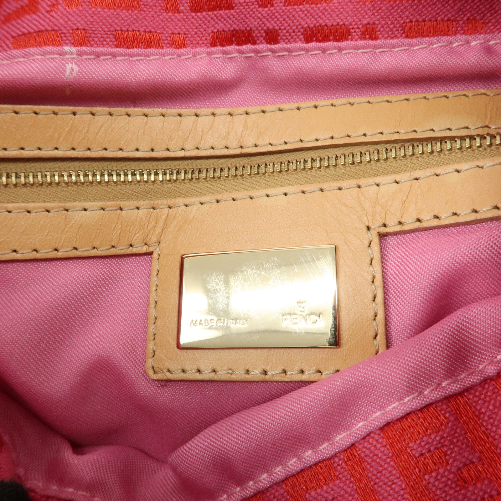 FENDI Mamma Baguette Zucchino Canvas Leather Shoulder Bag Pink