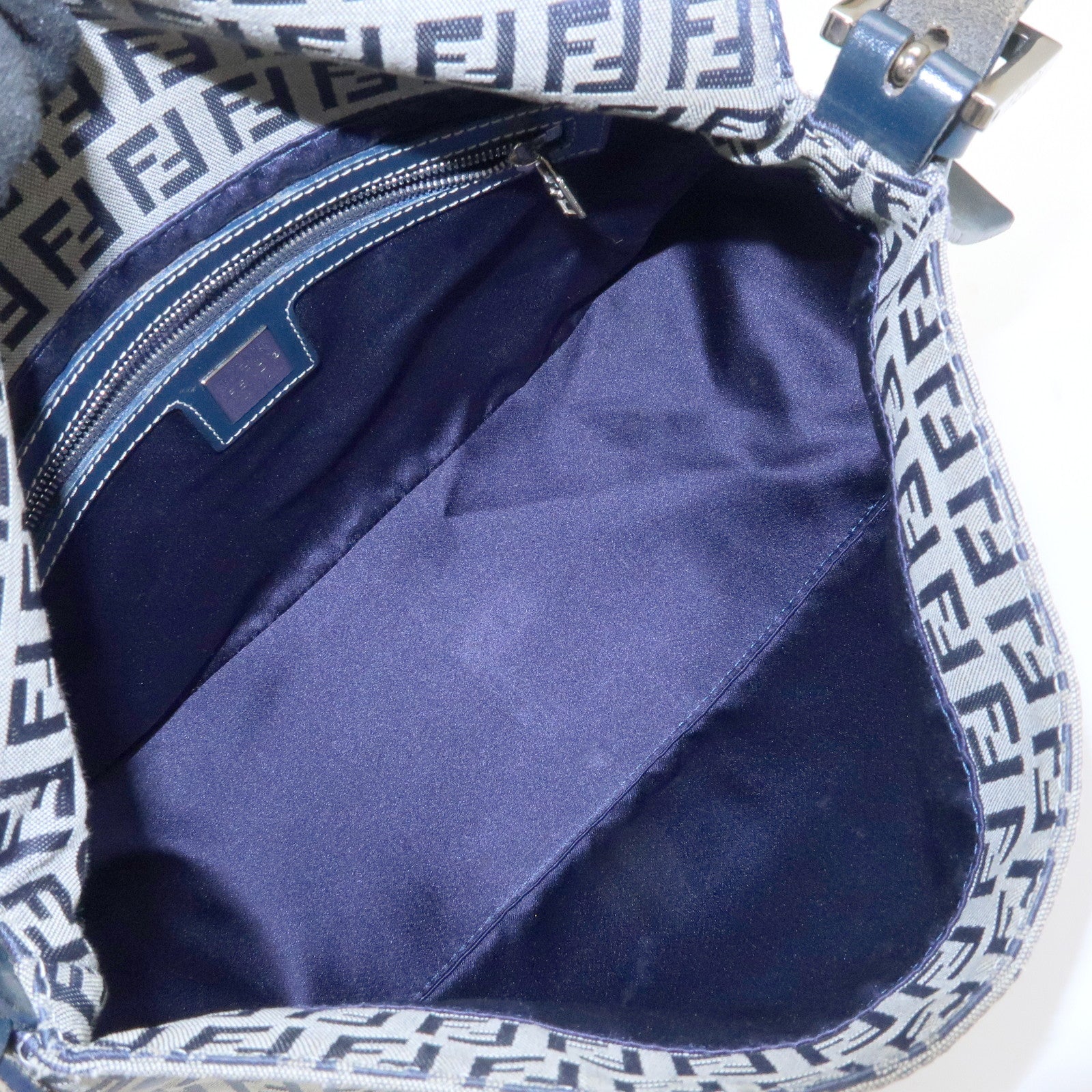 FENDI Mamma Baguette Zucchino Canvas Shoulder Bag Navy 26325