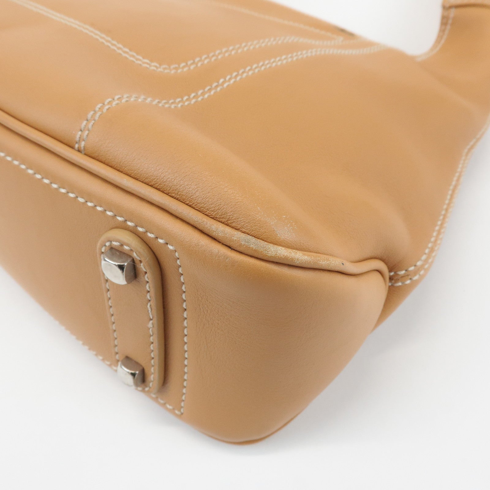 Ferragamo Gancini Leather Shoulder Bag Light Brown Silver HDW Used