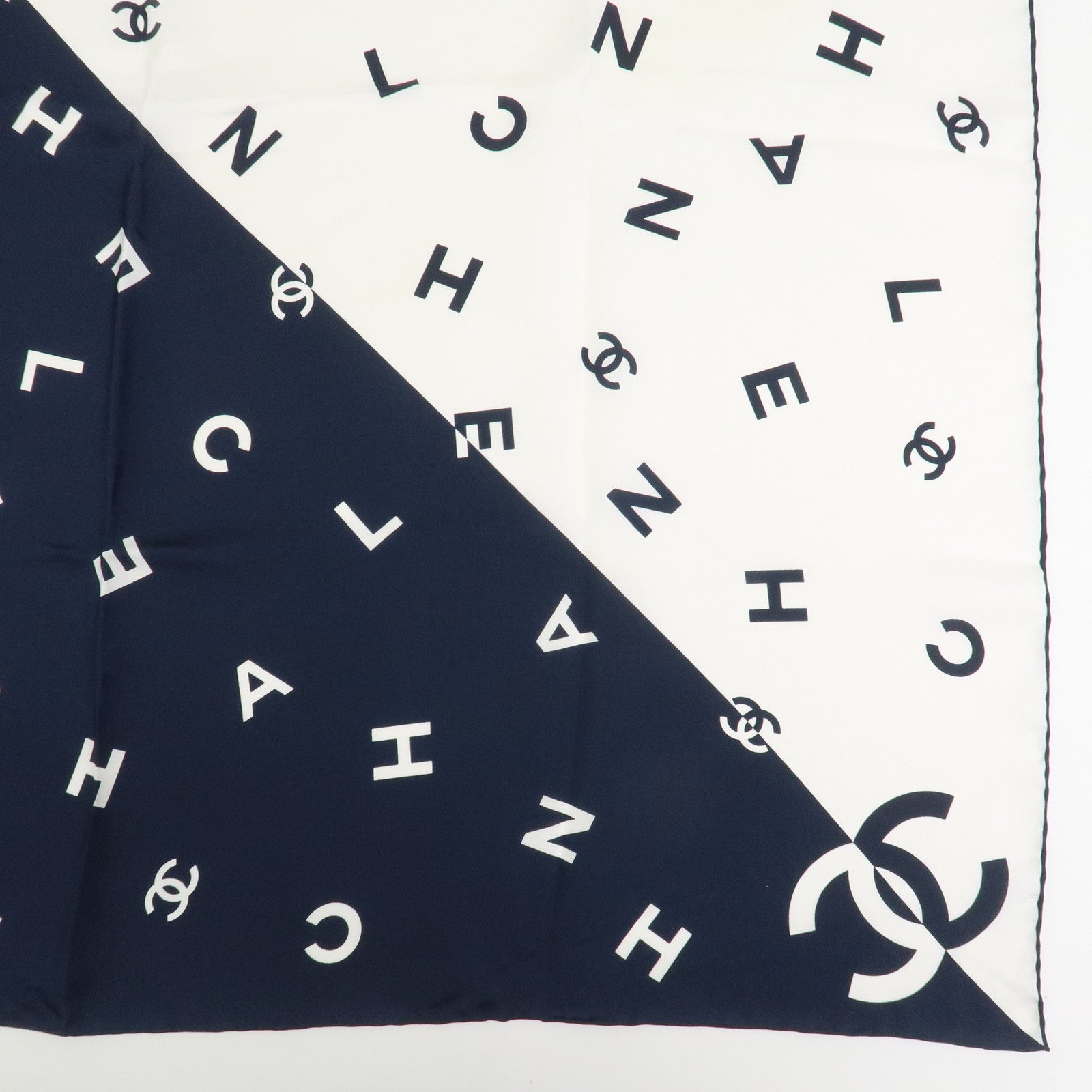CHANEL COCO Mark Silk 100% Scarf White Navy