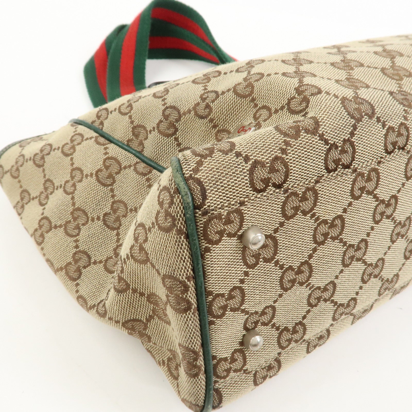 GUCCI Sherry GG Canvas Leather Hand Bag Brown Green 145810