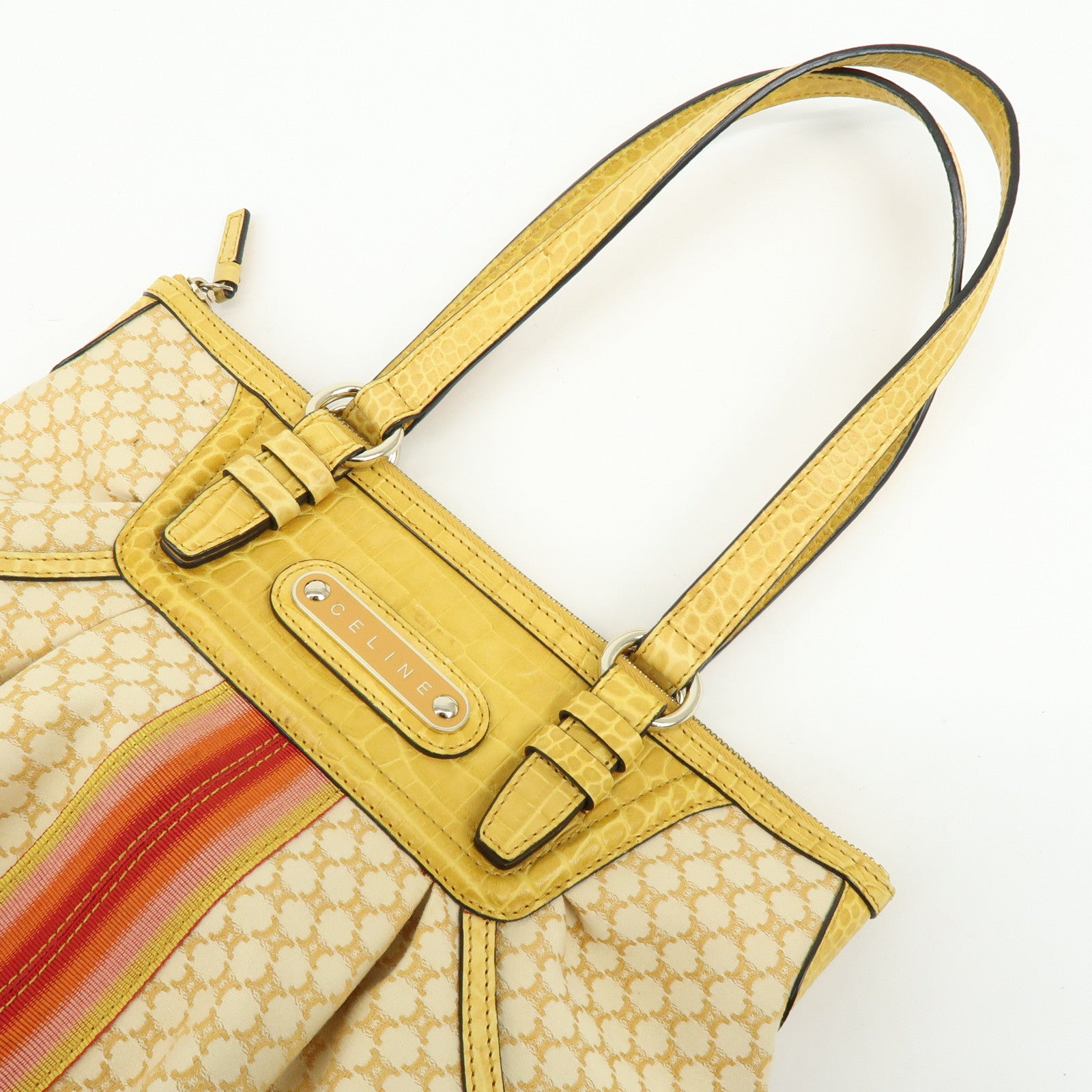 CELINE Macadam Embossed Leather Tote Bag Shoulder Bag Yellow Beige