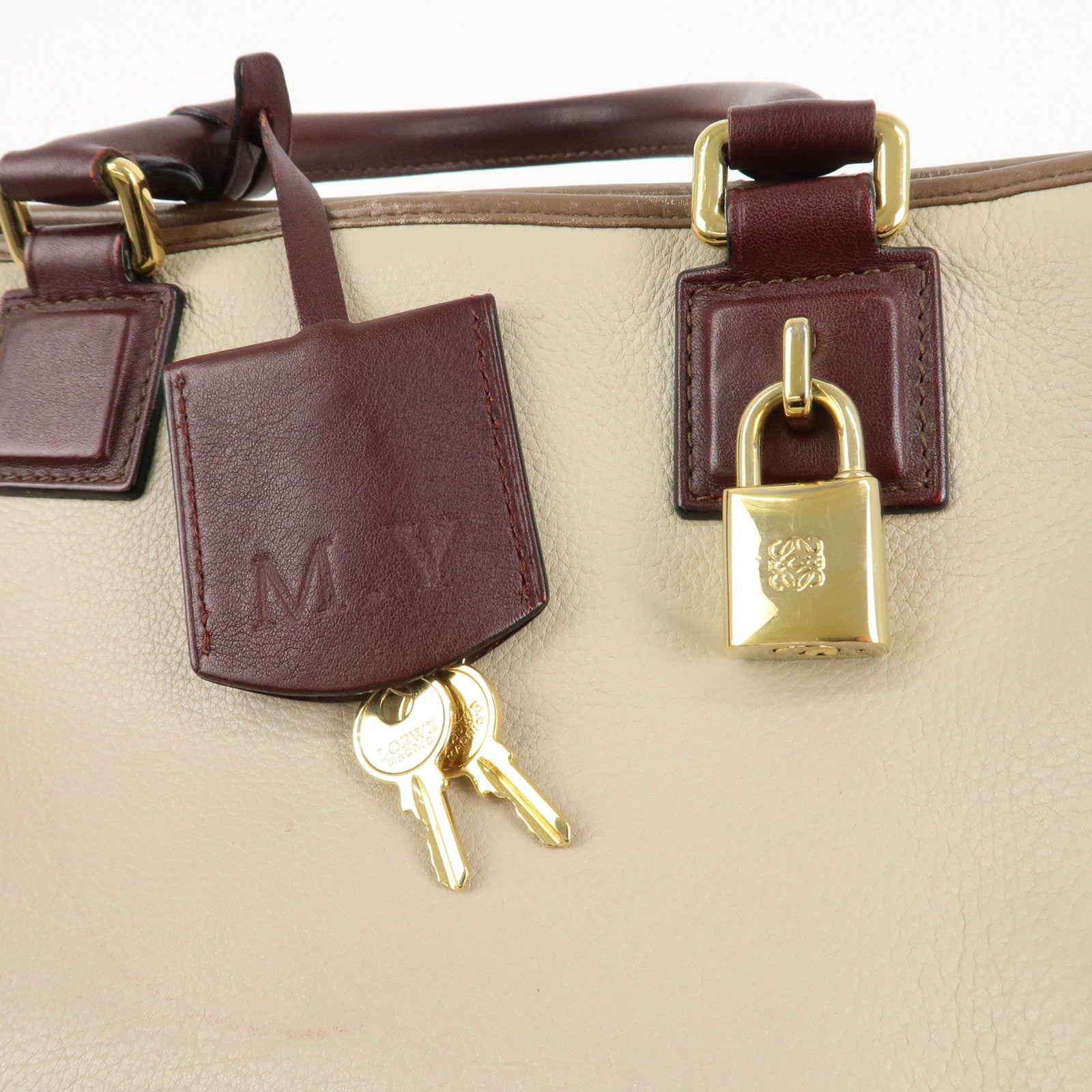 LOEWE Anagram Amazona 28 Leather Hand Bag Brown Ivory Bordeaux Used