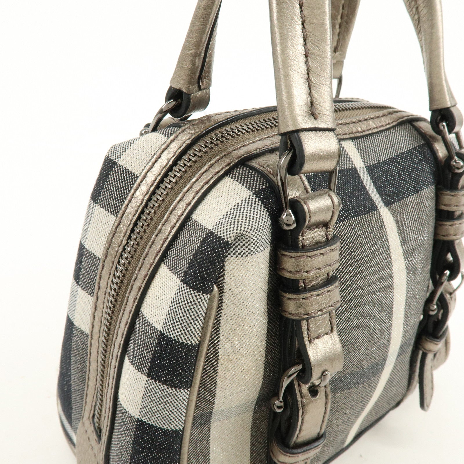 BURBERRY Plaid Canvas Leather Hand Bag Gray Champagne Gold