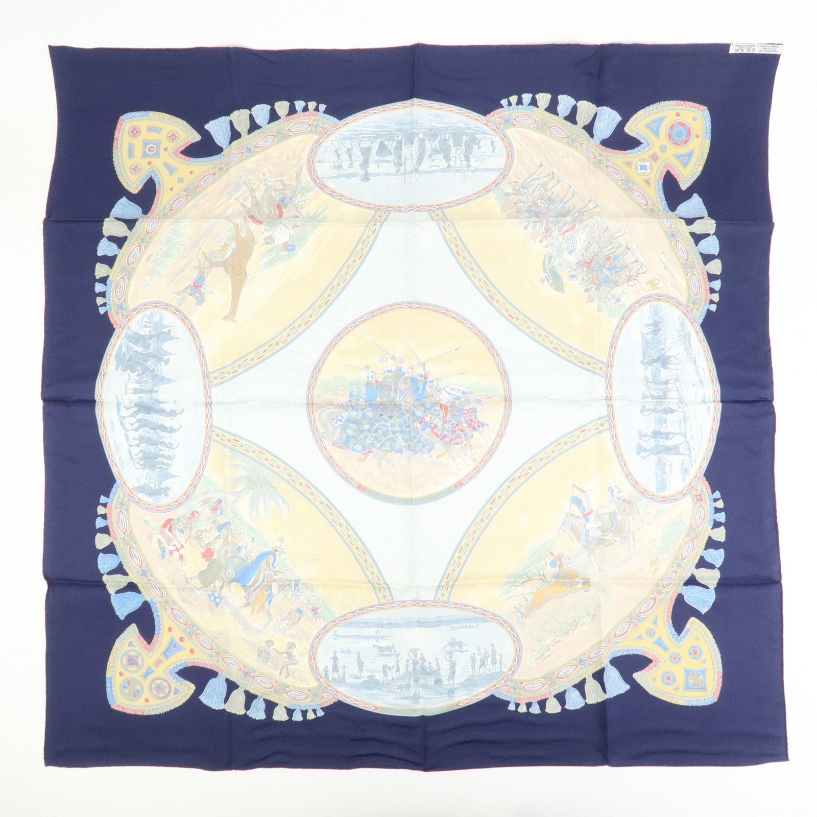 HERMES Carre 90 Silk 100% Scarf CAVALIERS PEULS Blue Yellow