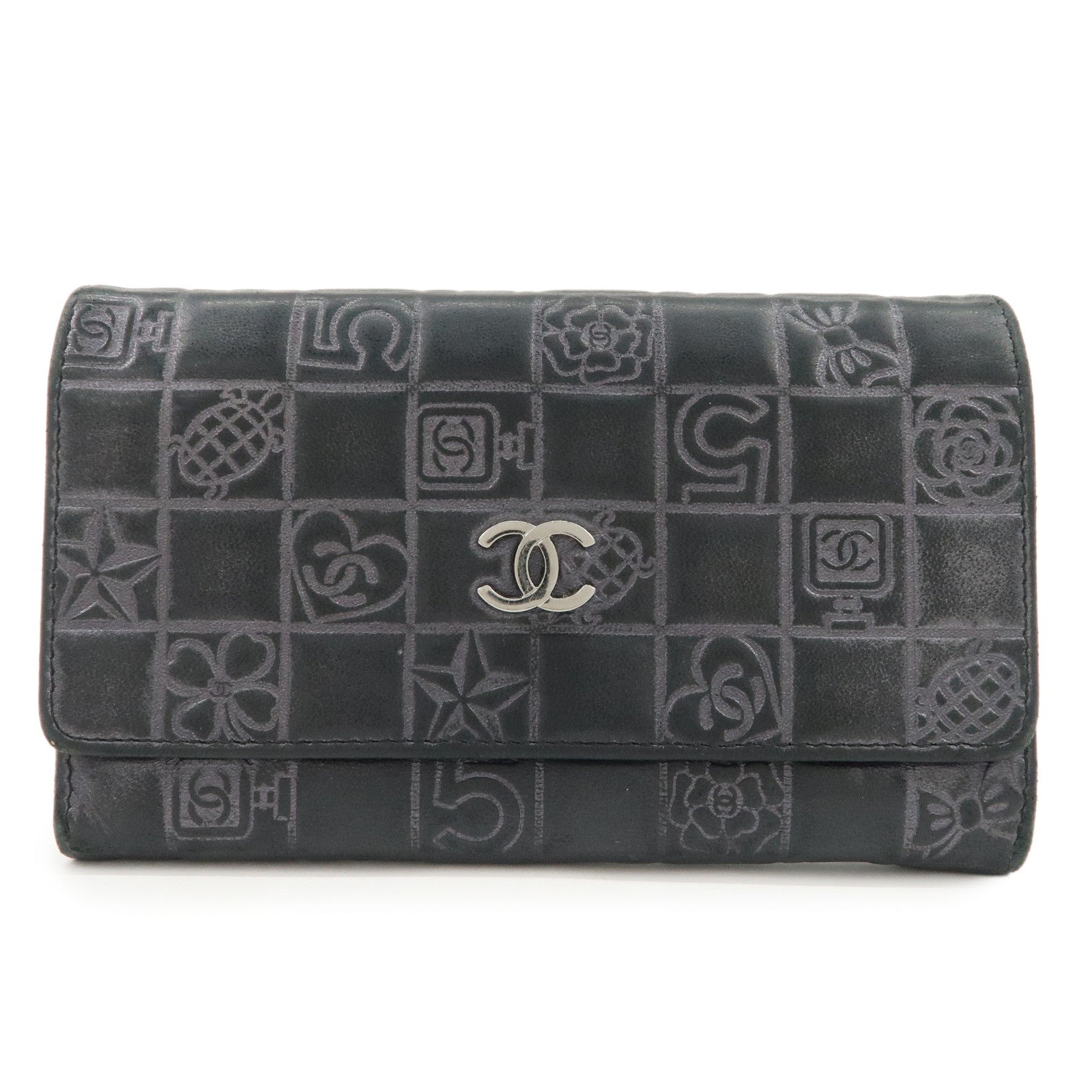 CHANEL Icon Line COCO Mark Lamb Skin Bi-fold Wallet Black Used