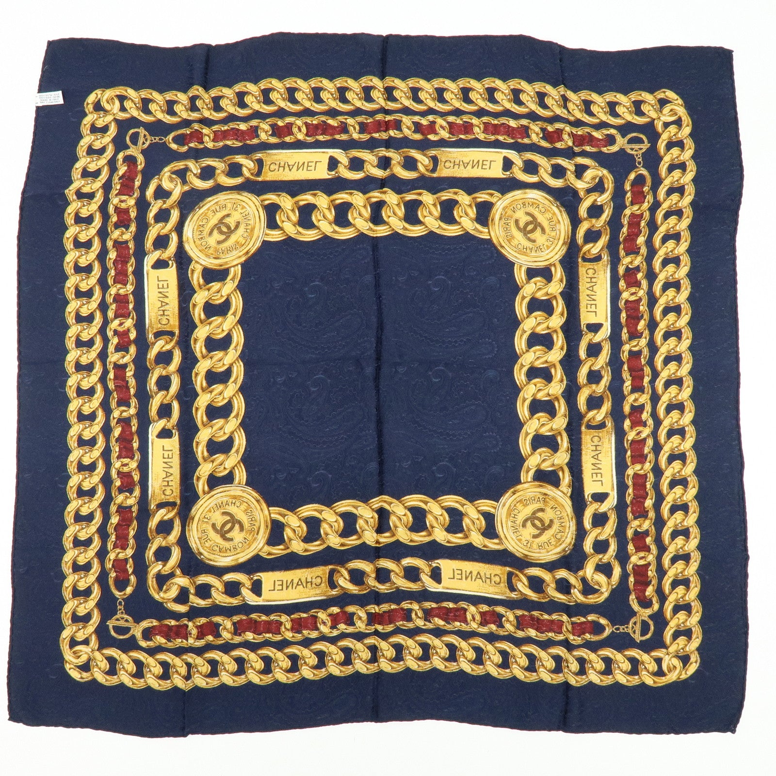 CHANEL COCO Mark Silk 100% Scarf Chain Motif Navy Gold