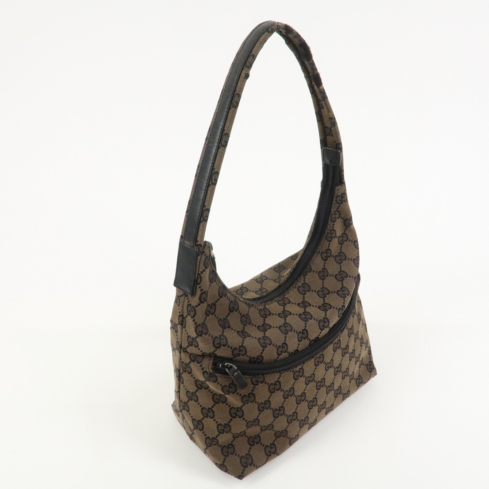 GUCCI GG Canvas Leather Shoulder Bag Hand Bag Brown Black 001・3386
