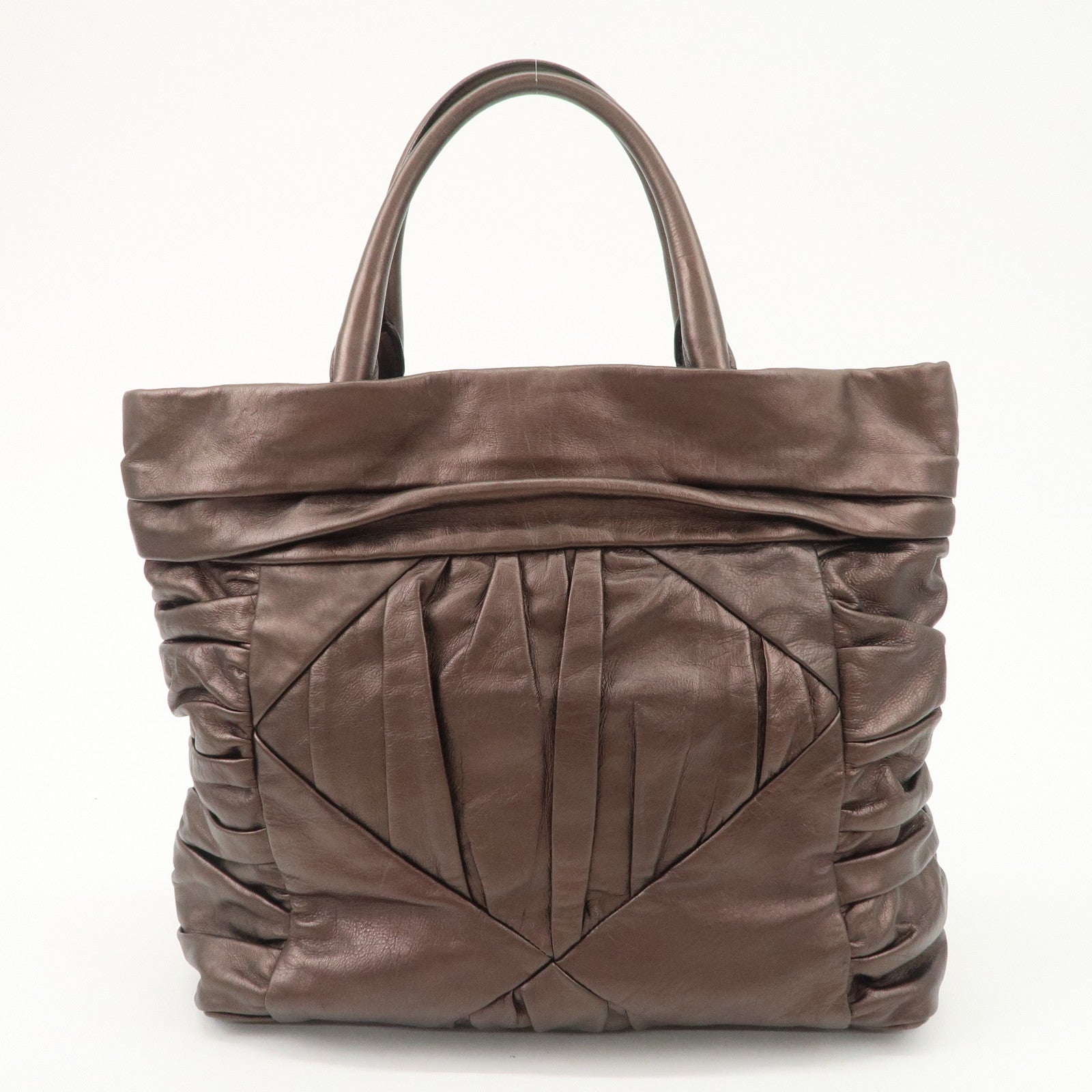 Prada Gathered Leather Tote Bag Hand Bag Bronze Silver HDW BN1719 Used