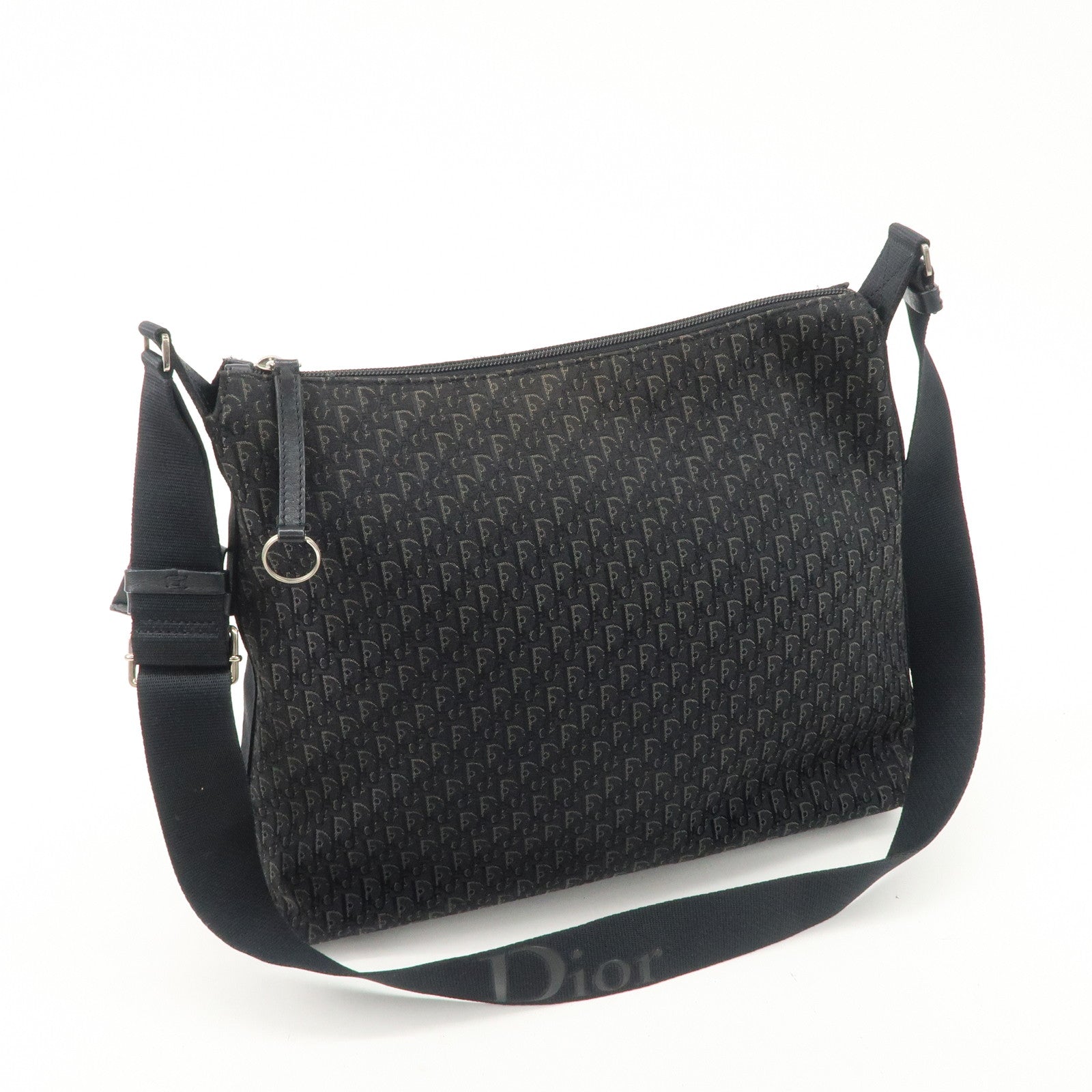 Christian Dior Trotter Leather Canvas Shoulder Bag Black Gray Used