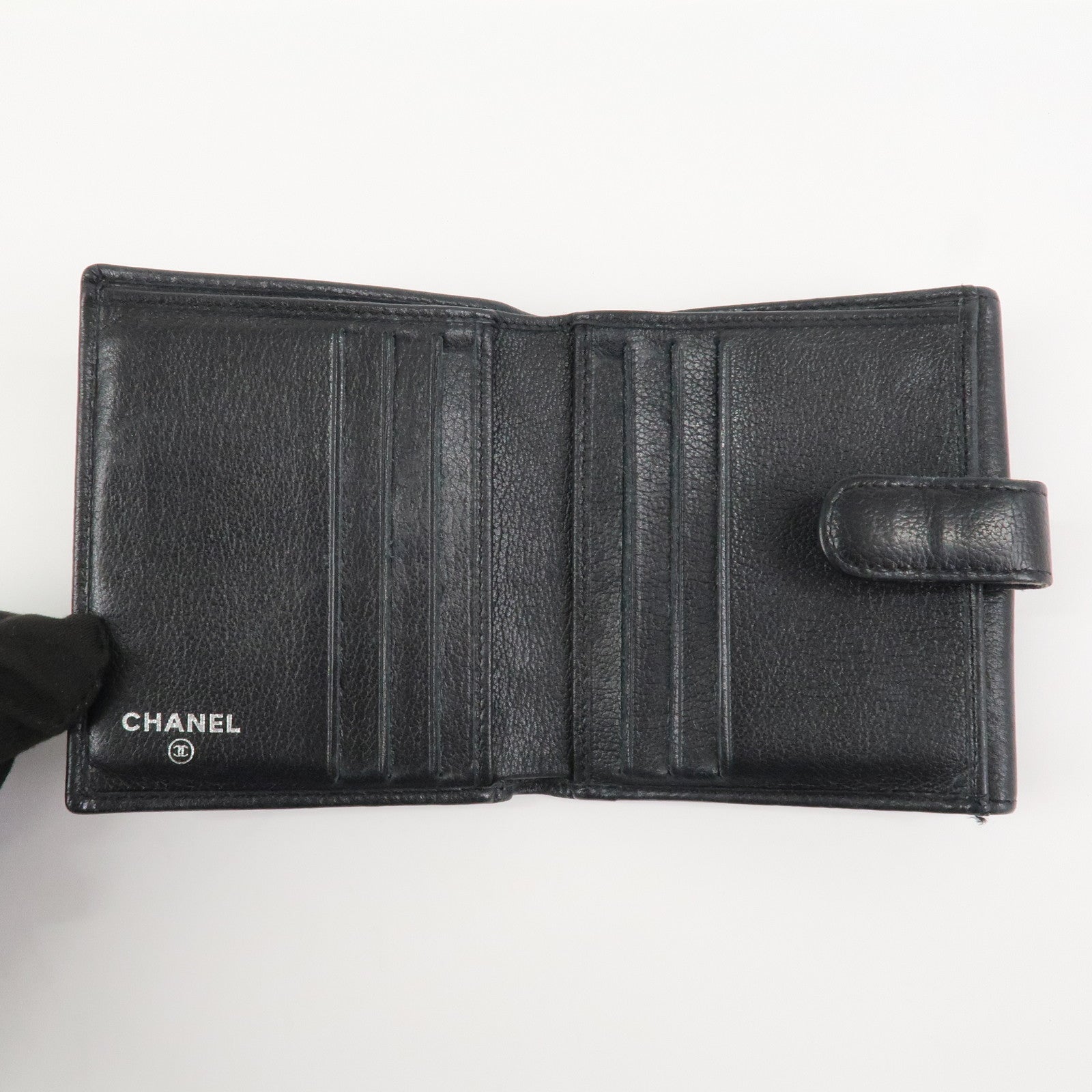 CHANEL COCO Mark Camelia Leather Bi-fold Compact Wallet Black