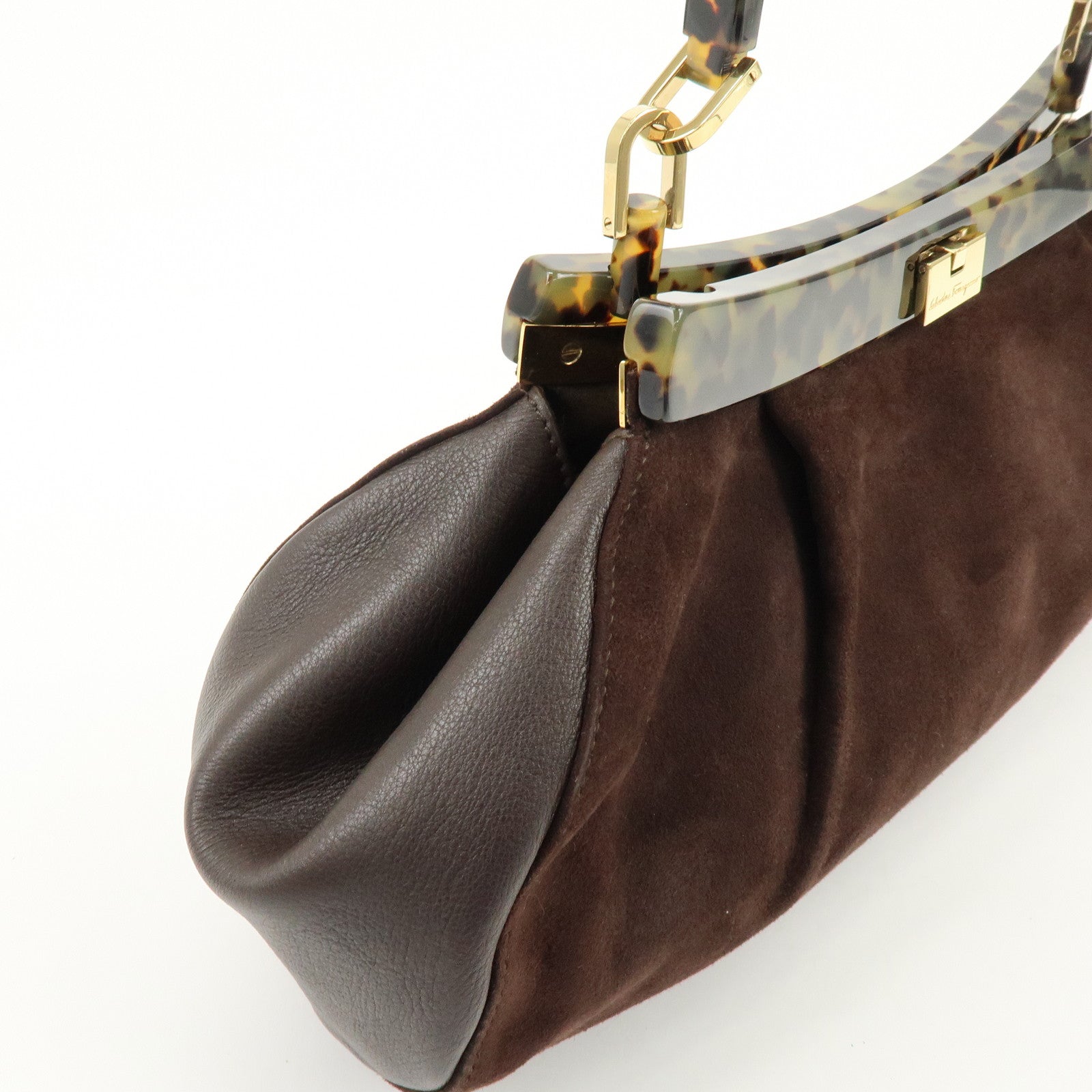 Ferragamo Suede Leather Plastic Shoulder Bag Hand Bag Brown