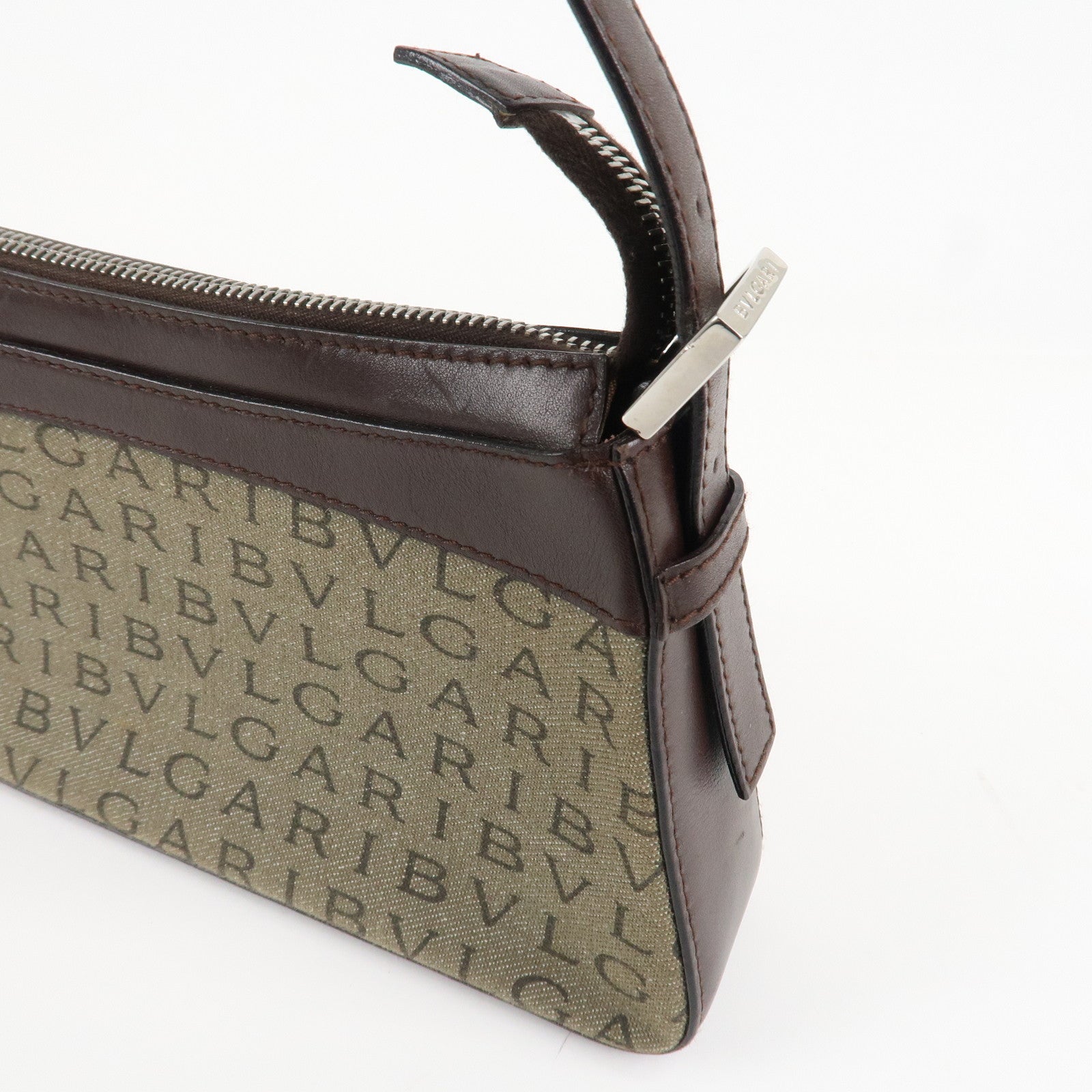 BVLGARI Logo Mania Canvas Leather Shoulder Bag khaki Dark Brown Used