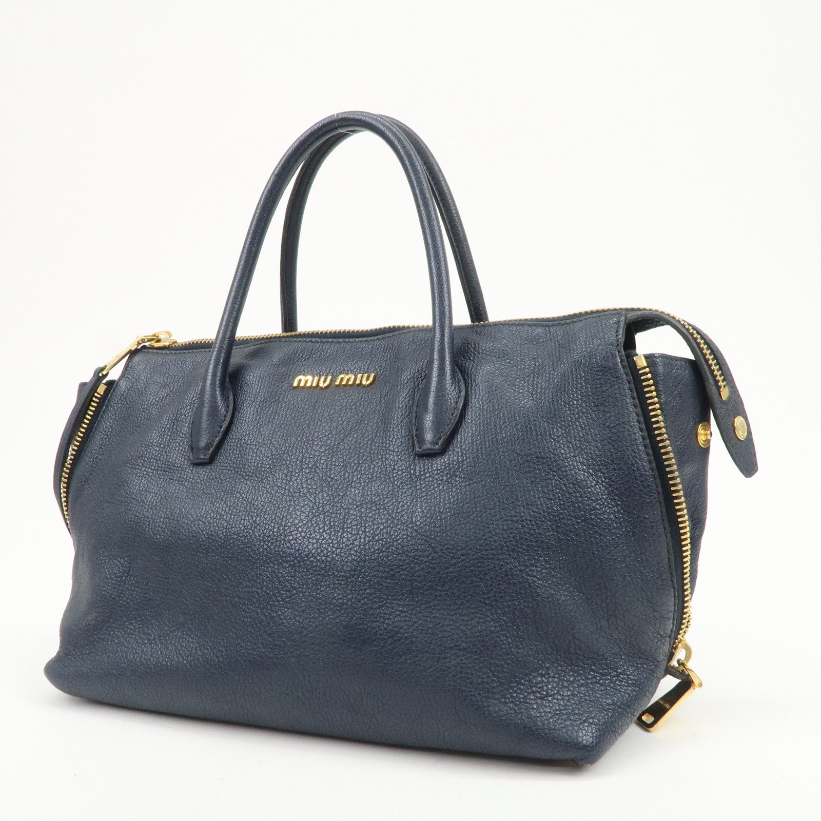 MIU MIU Madras Leather 2WAY Bag Hand Bag Shoulder Bag Navy RN1016
