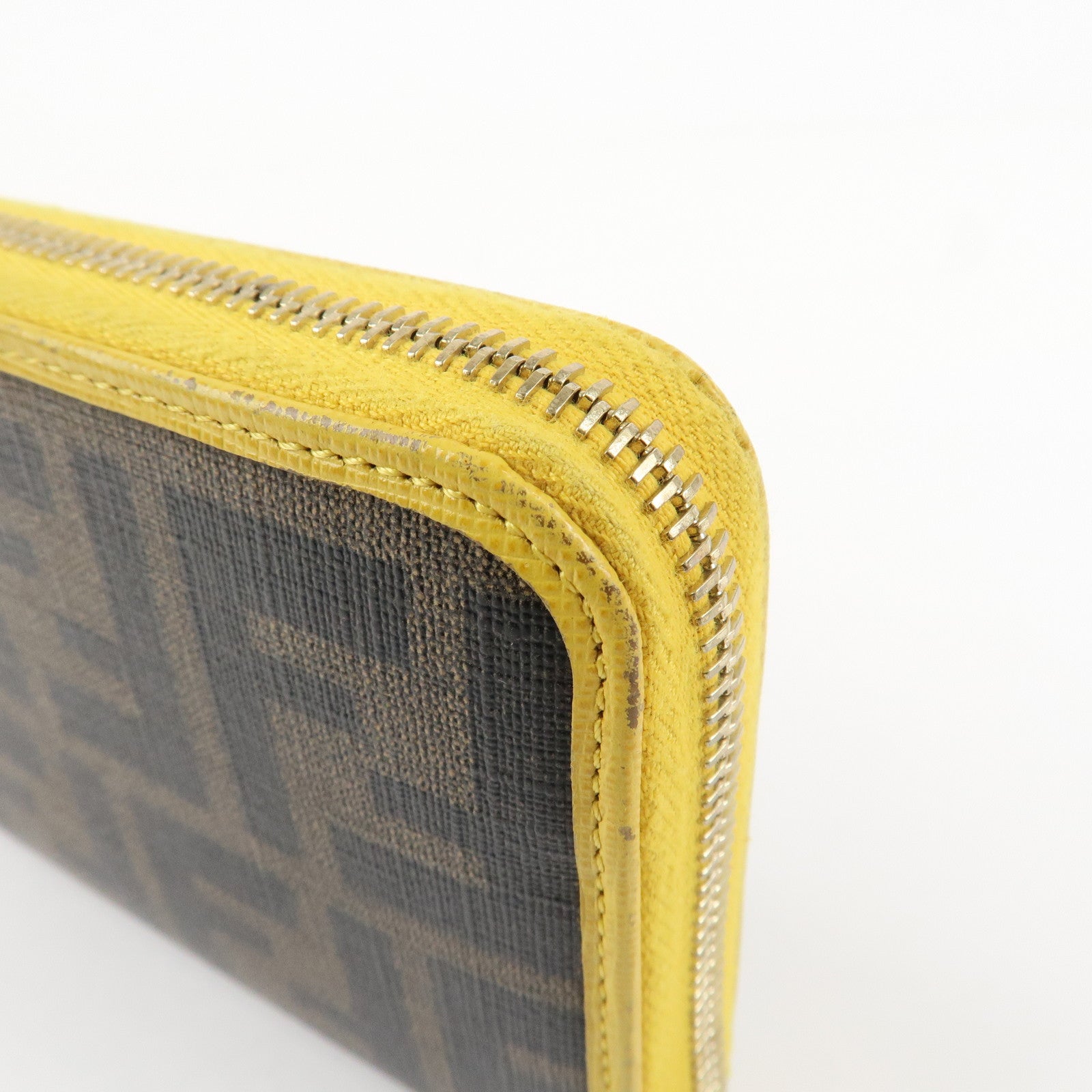 FENDI Zucca PVC Leather Round Zippy Long Wallet Brown Yellow 8M0299 Used