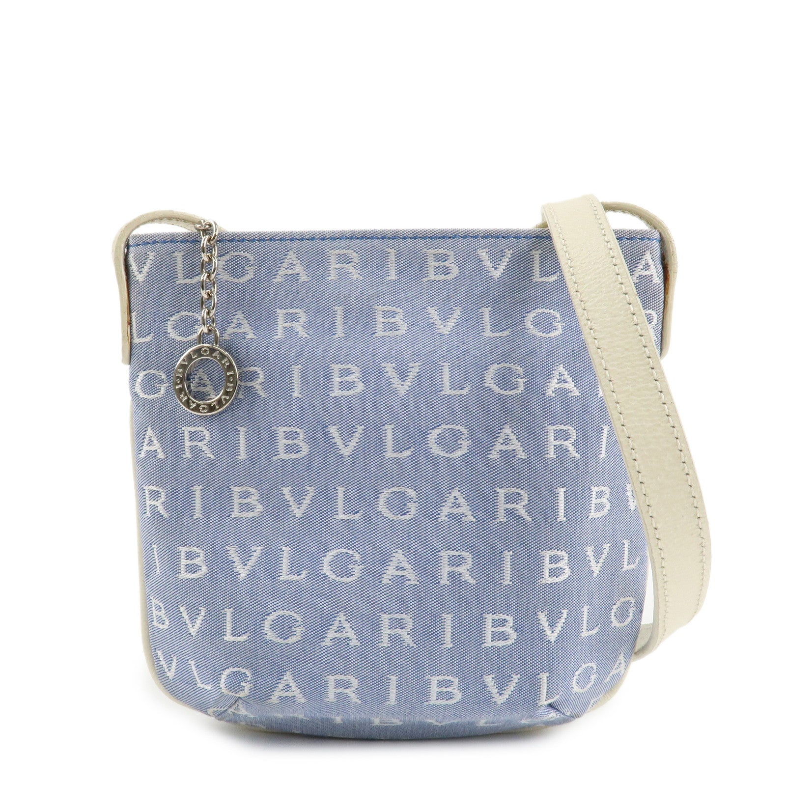 BVLGARI Logo Mania Leather Canvas Shoulder Bag Ivory Light Blue Used
