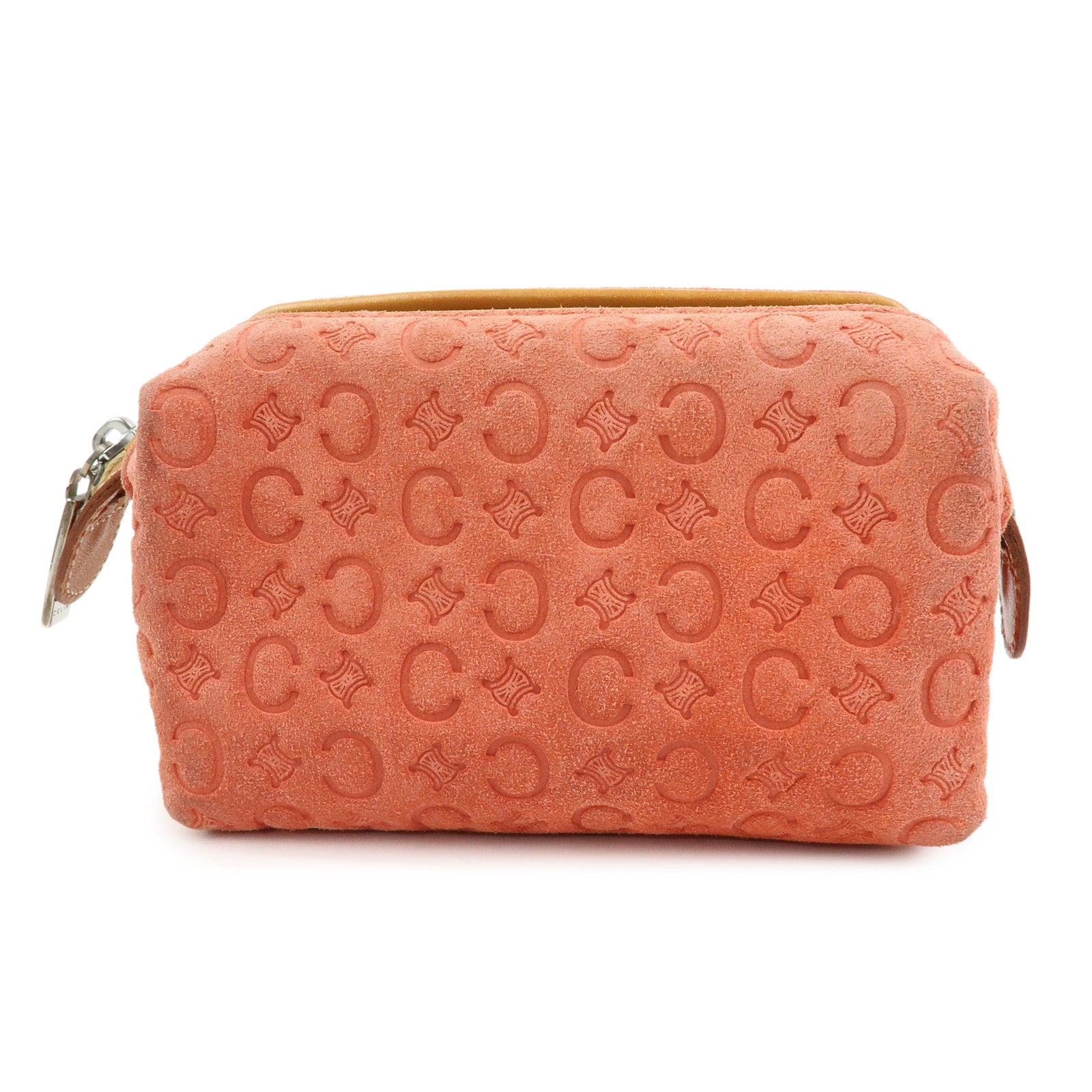 CELINE C Macadam Suede Leather Pouch Cosmetic Case Coral