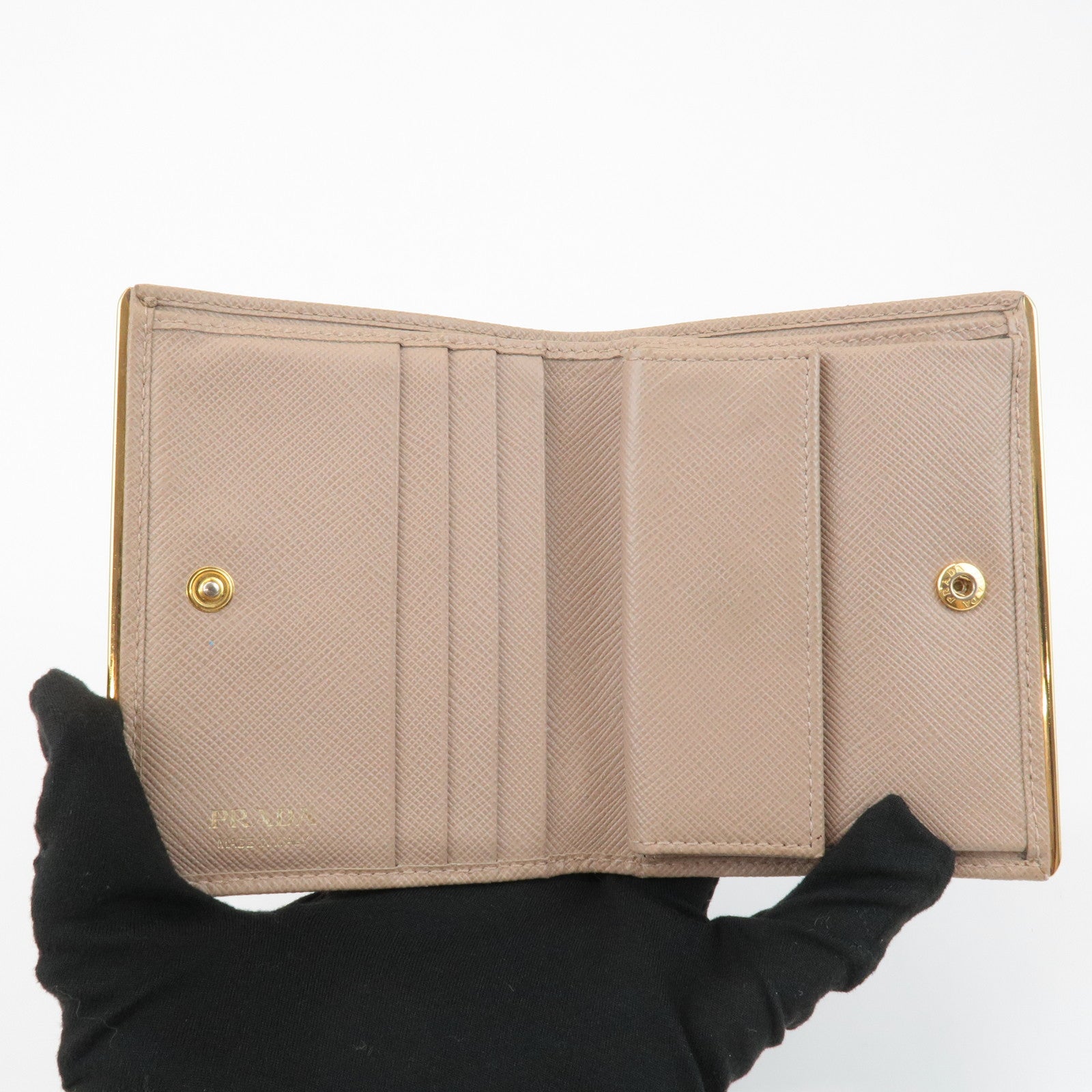 PRADA Logo Saffiano Leather Bi-Fold Small Wallet Beige 1MV204 Used
