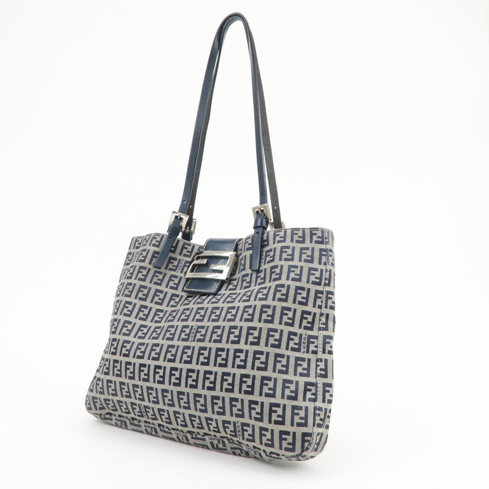 FENDI Zucchino Canvas Leather Tote Bag Shoulder Bag Navy Gray