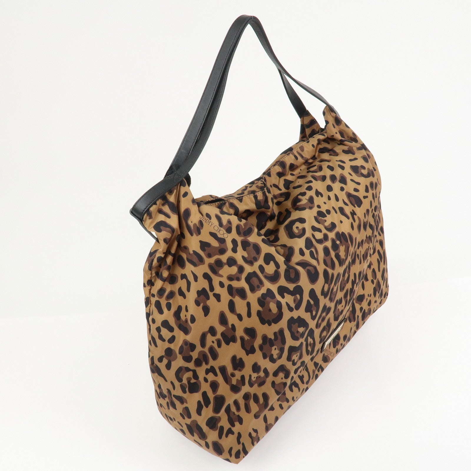 JIMMY CHOO Nylon Tote Bag Shoulder Bag Leopard Brown Black