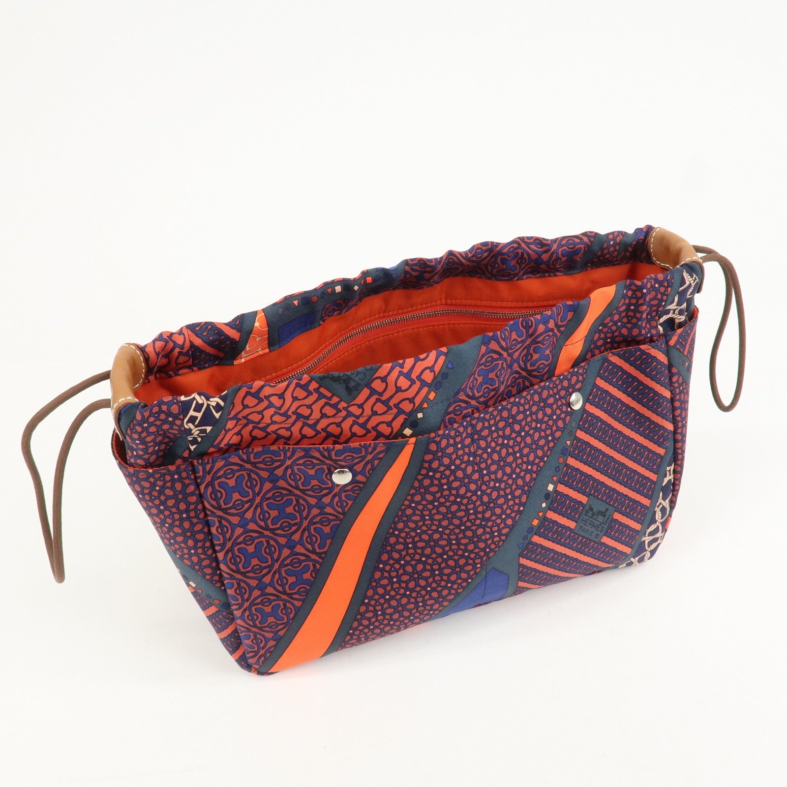 HERMES Fourbi 25 Silk Leather Drawstring Hand Bag Pouch Orange Navy