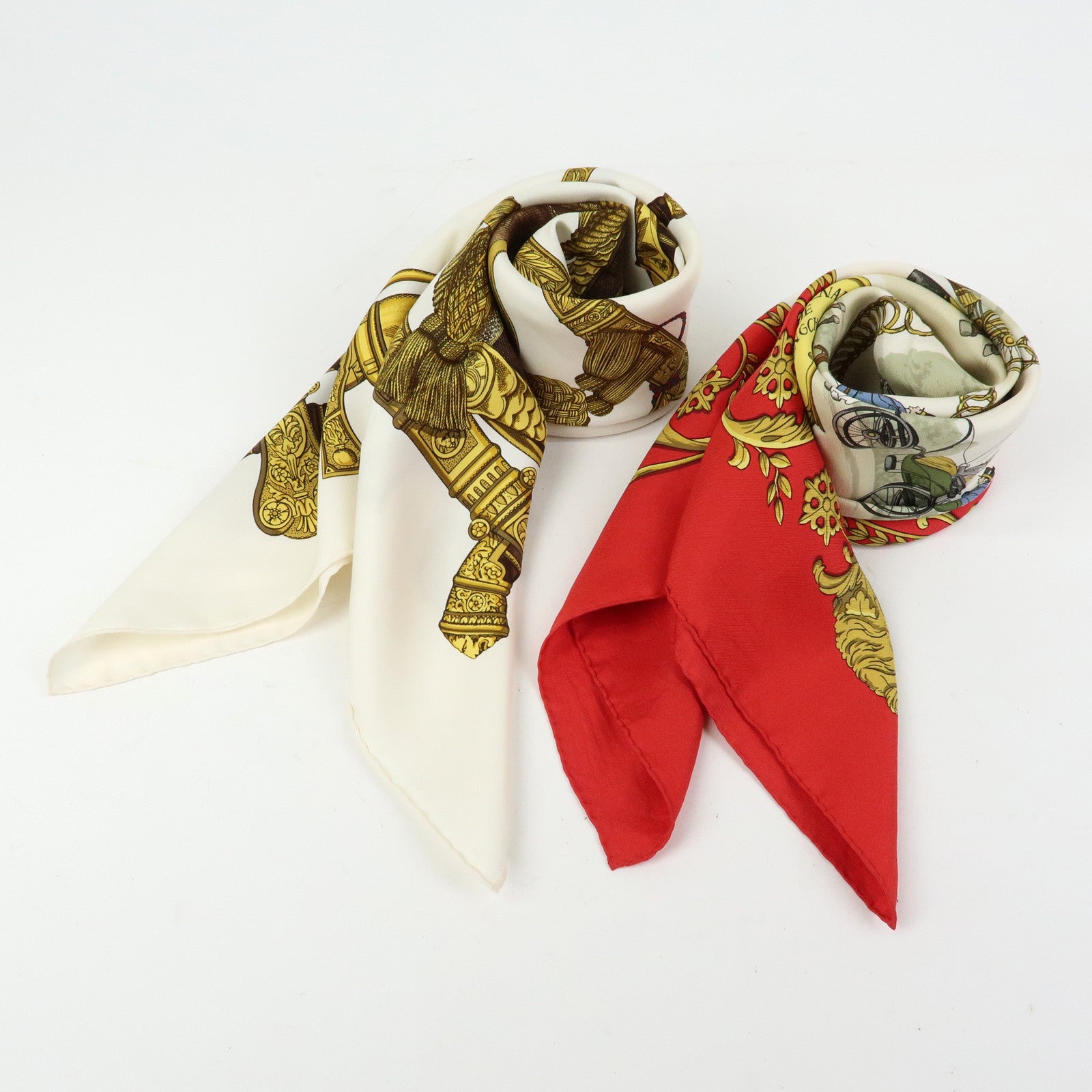 HERMES Carre 90 Set of 2 Silk 100% Scarf Gold Ivory Red
