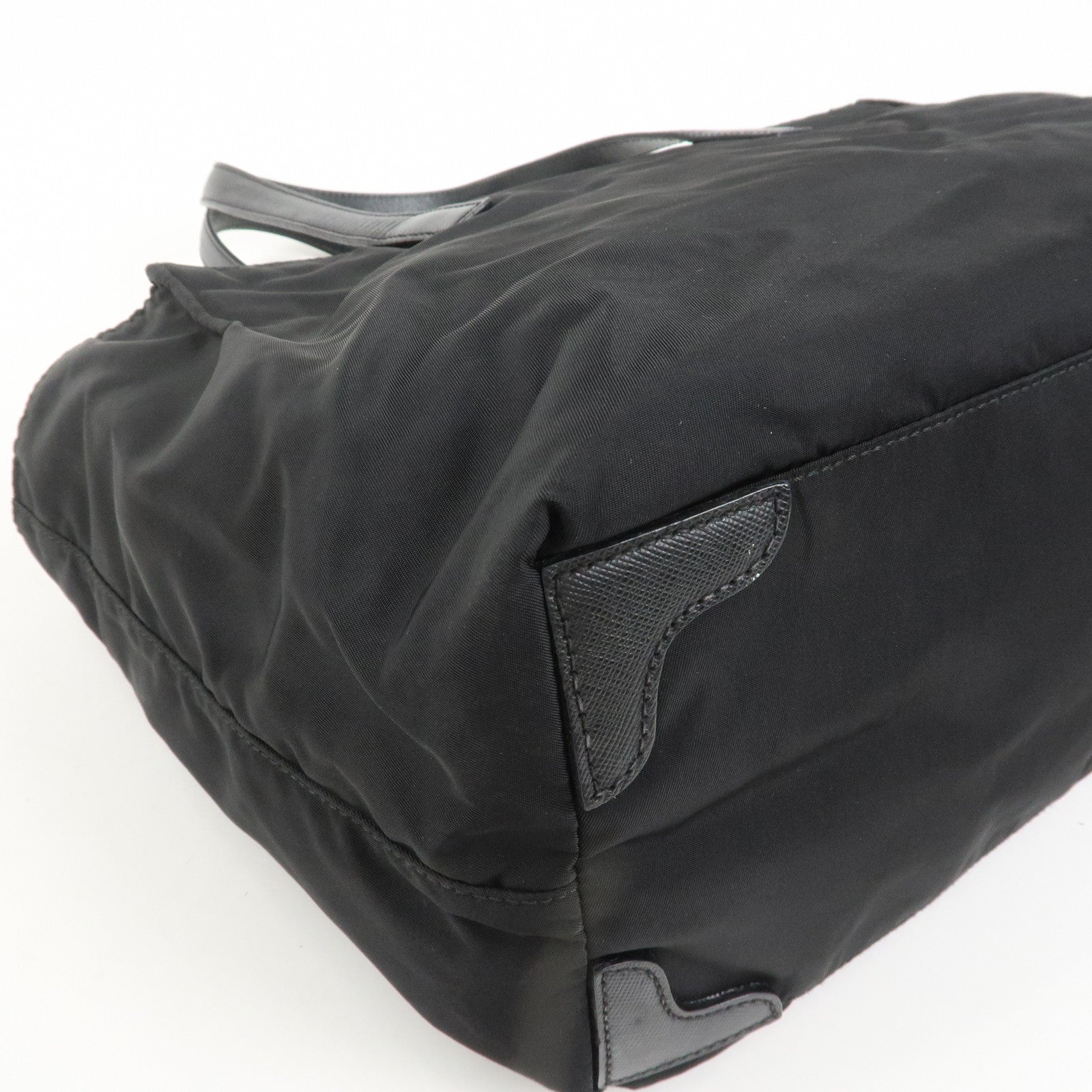 PRADA Triangle Logo Nylon Saffiano Leather Tote Shoulder Bag Black