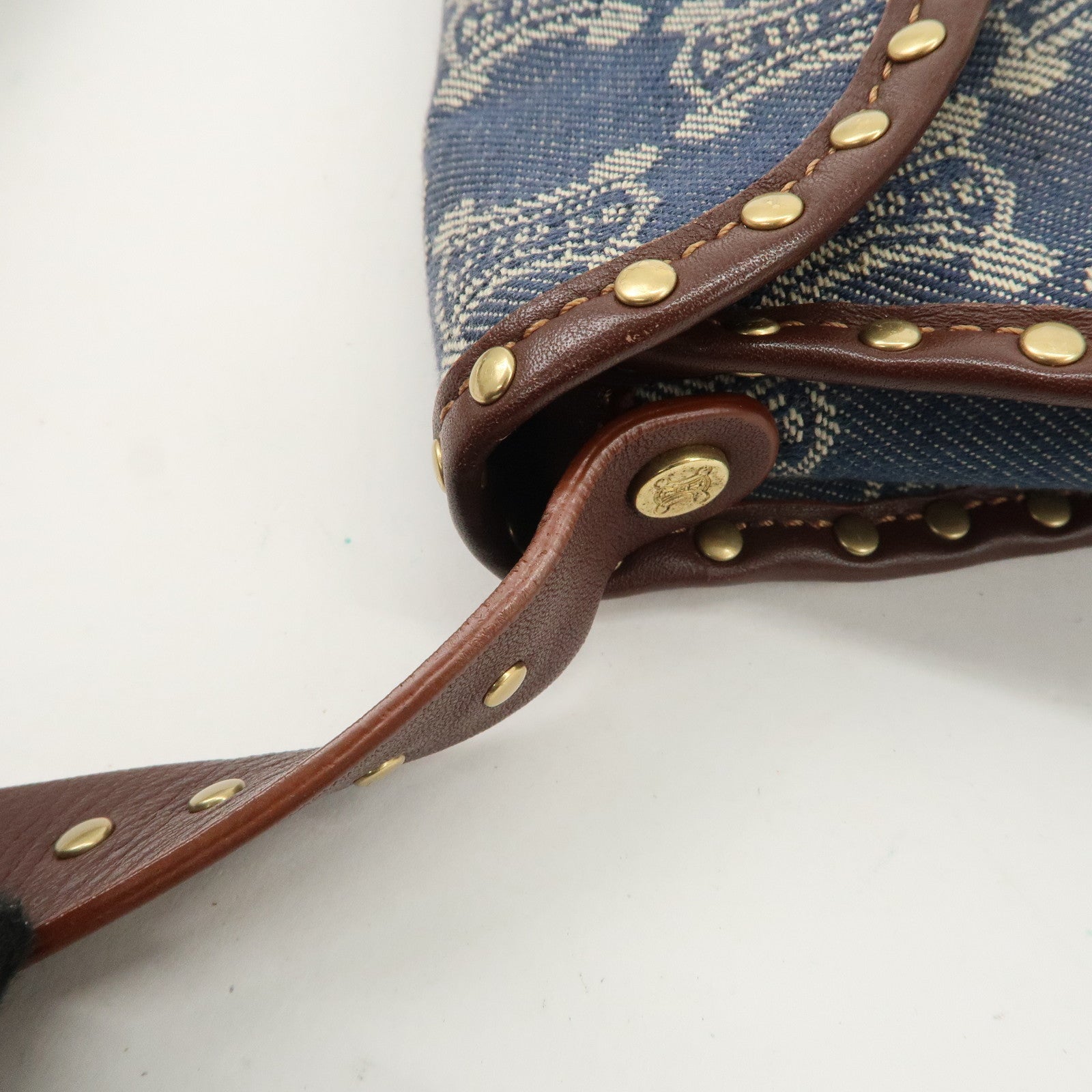 CELINE Macadam Studs Denim Leather Shoulder Bag Dark Brown Navy Used